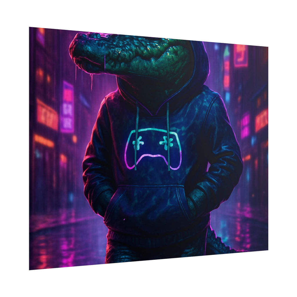 Rolled Posters - Florida Man Gaming Alligator Neon Gamer Hoodie Poster Print