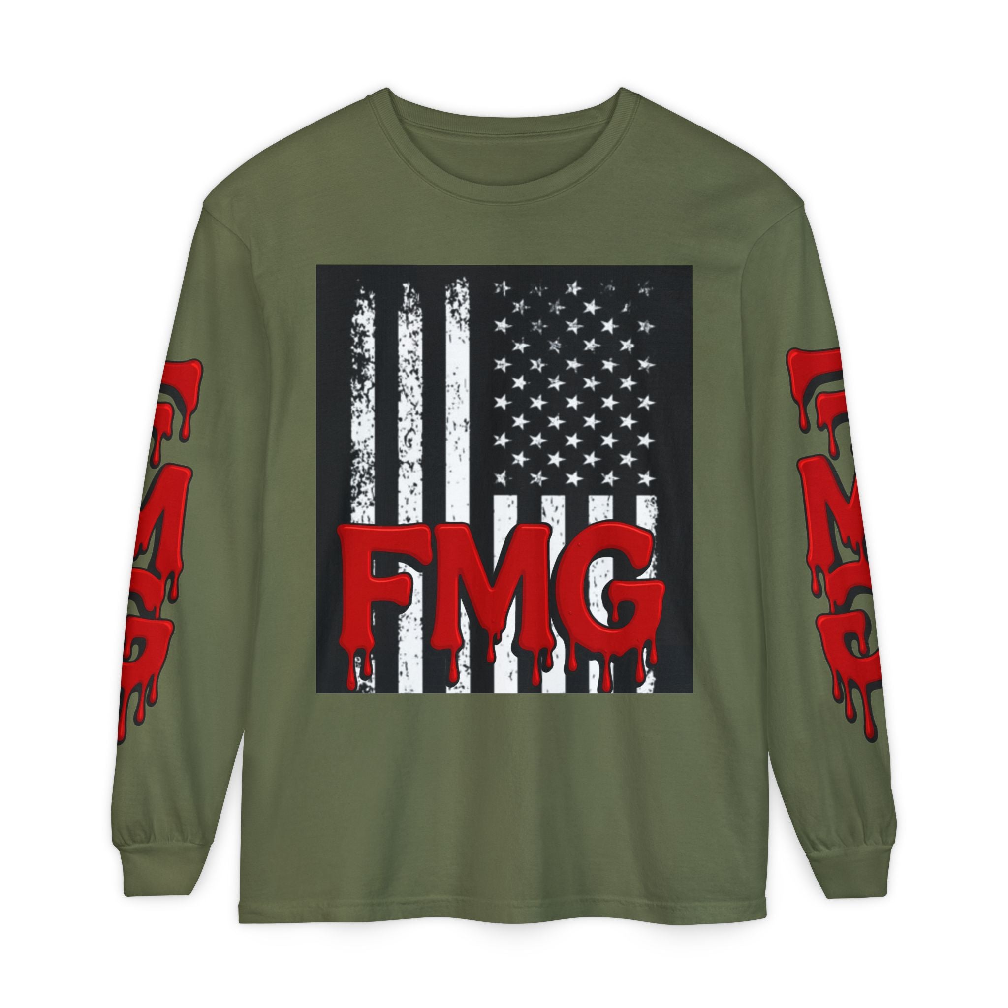 Long Sleeve T-Shirt — Distressed American Flag with Dripping "FMG" Sleeves