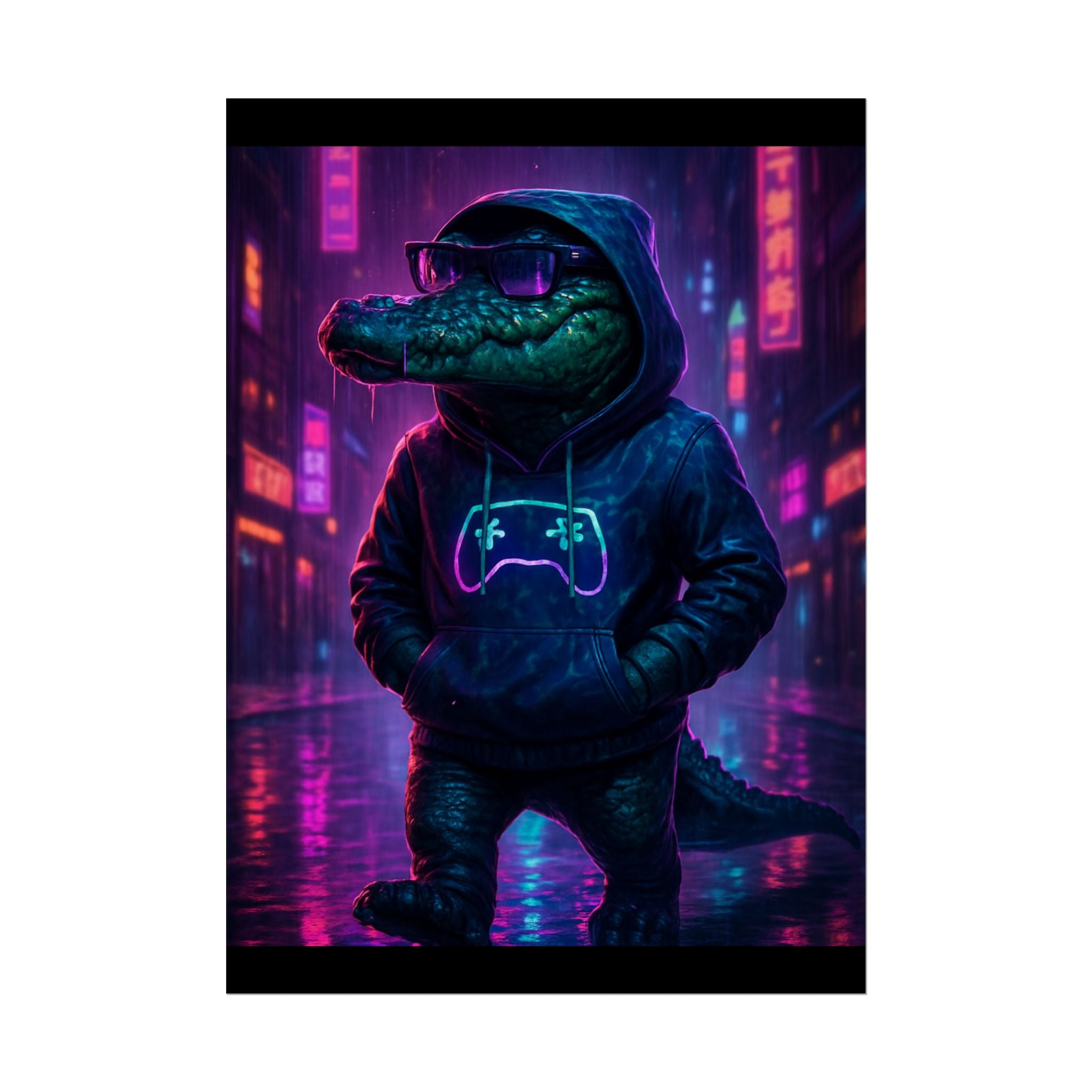 Rolled Posters - Florida Man Gaming Alligator Neon Gamer Hoodie Poster Print