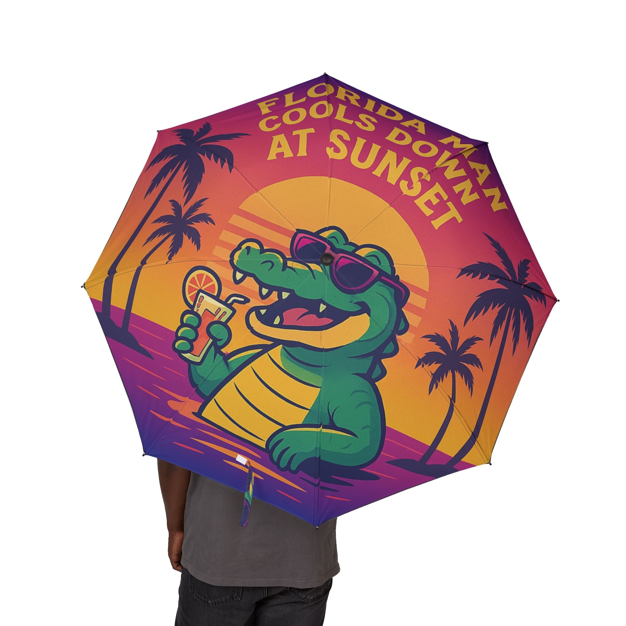 Tropical Dino Sunset Umbrella — "Florida Man Rolls Down At Sunset" Foldable Rain Umbrella