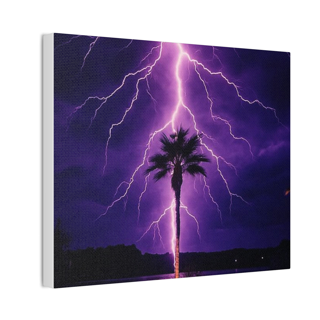 Purple Lightning Palm Tree Canvas Wall Art — Storm Photography Stretched Canvas