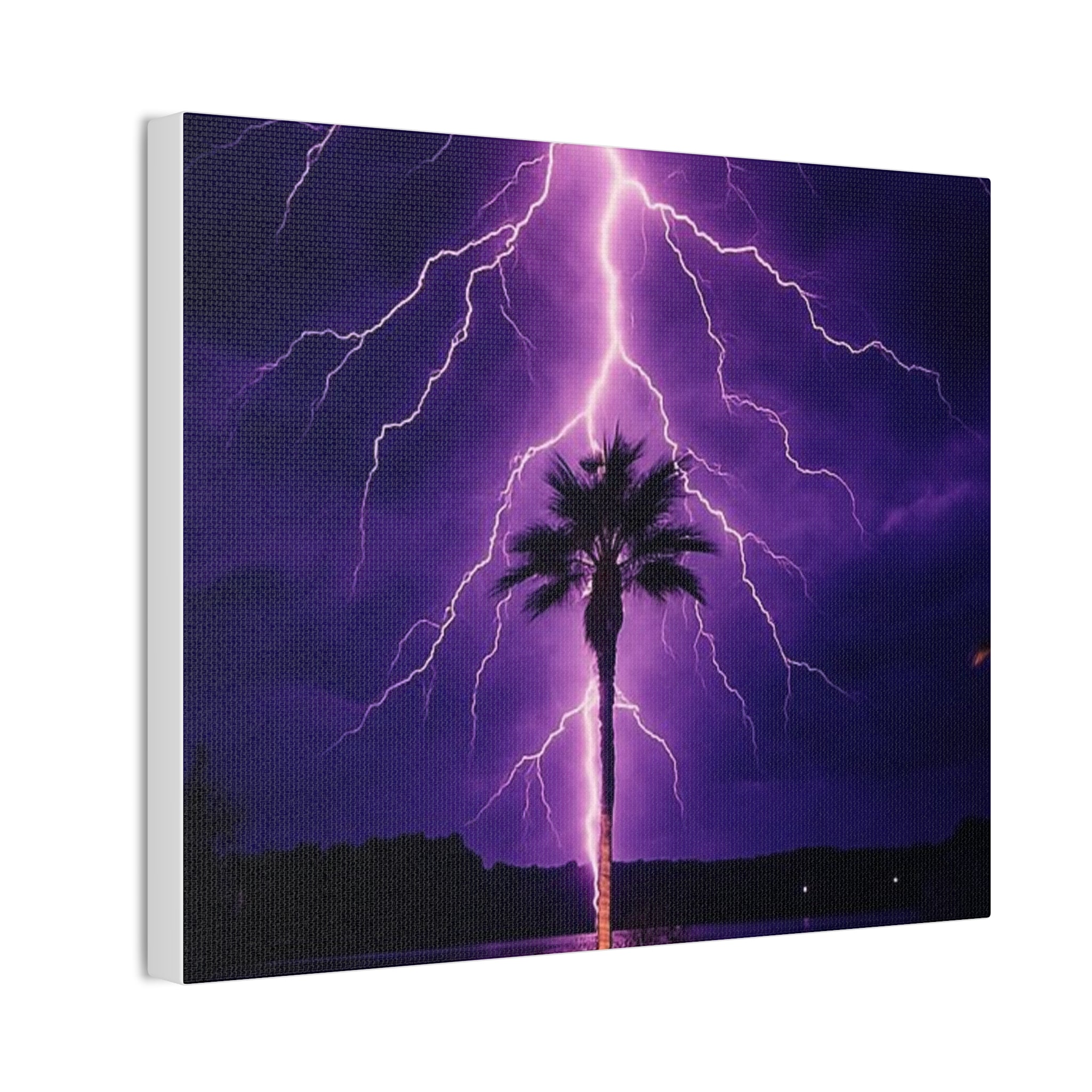 Purple Lightning Palm Tree Canvas Wall Art — Storm Photography Stretched Canvas