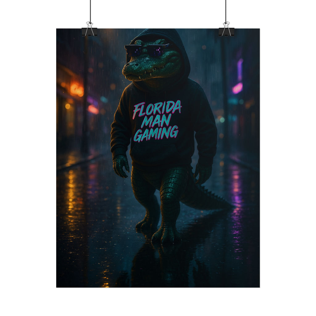Rolled Posters - Florida Man Gaming Alligator Neon Cyberpunk Scene