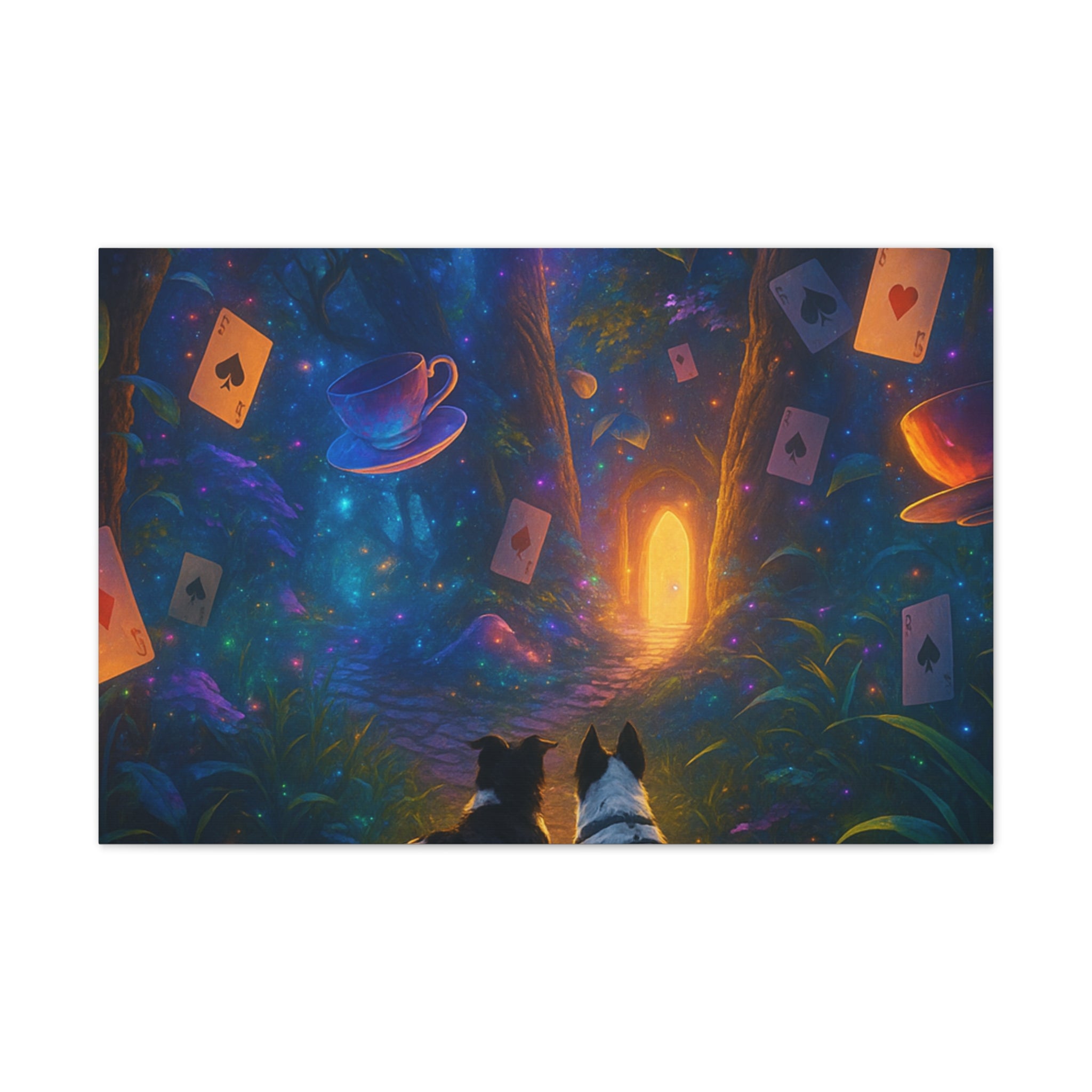 Magic Forest Canvas Wall Art — Dogs Exploring Wonderland with Glowing Door & Floating Playing Cards