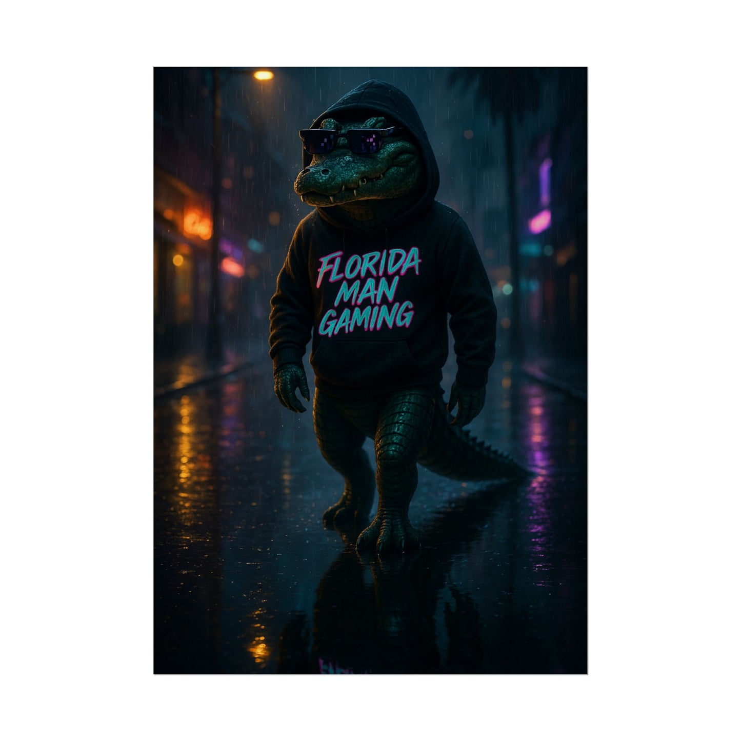 Rolled Posters - Florida Man Gaming Alligator Neon Cyberpunk Scene