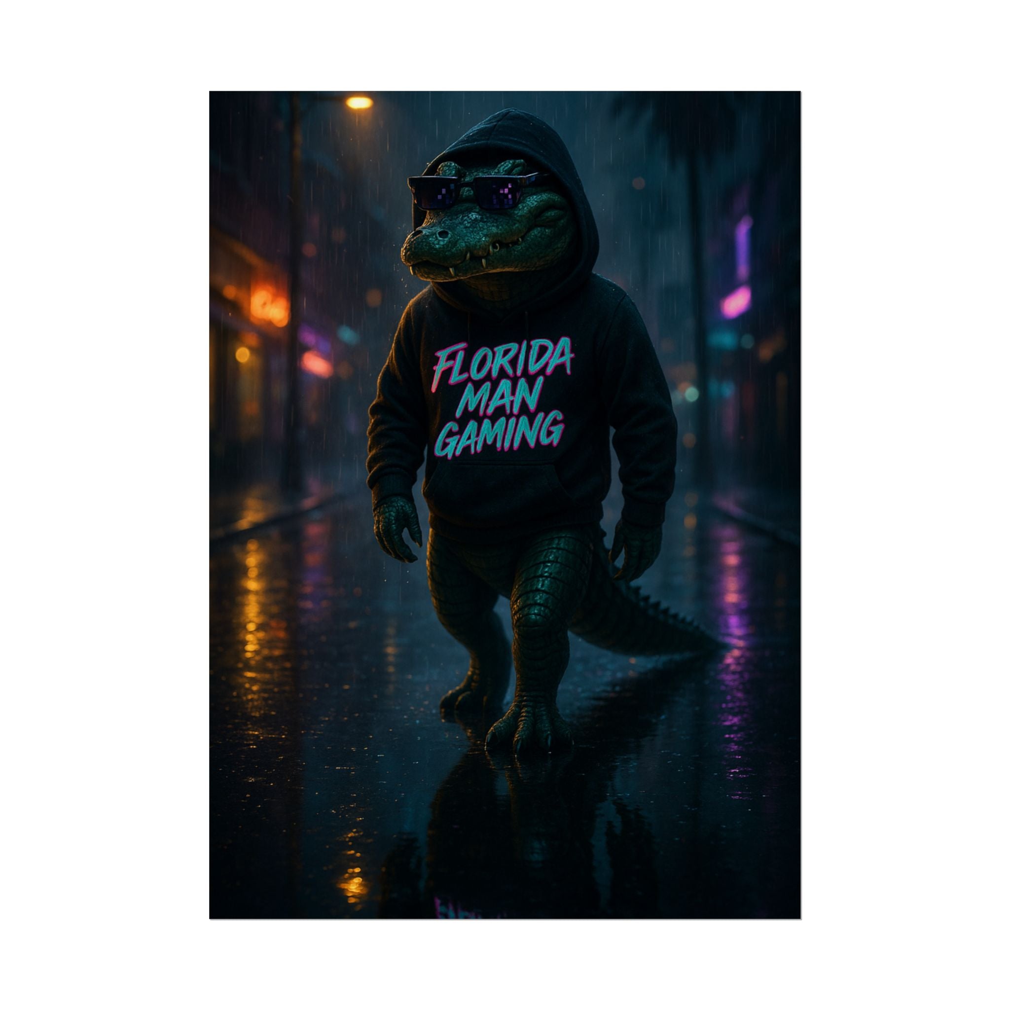 Rolled Posters - Florida Man Gaming Alligator Neon Cyberpunk Scene