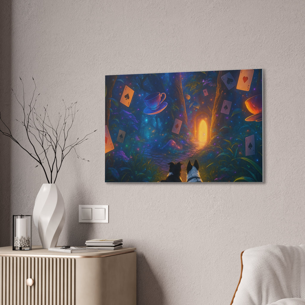 Magic Forest Canvas Wall Art — Dogs Exploring Wonderland with Glowing Door & Floating Playing Cards