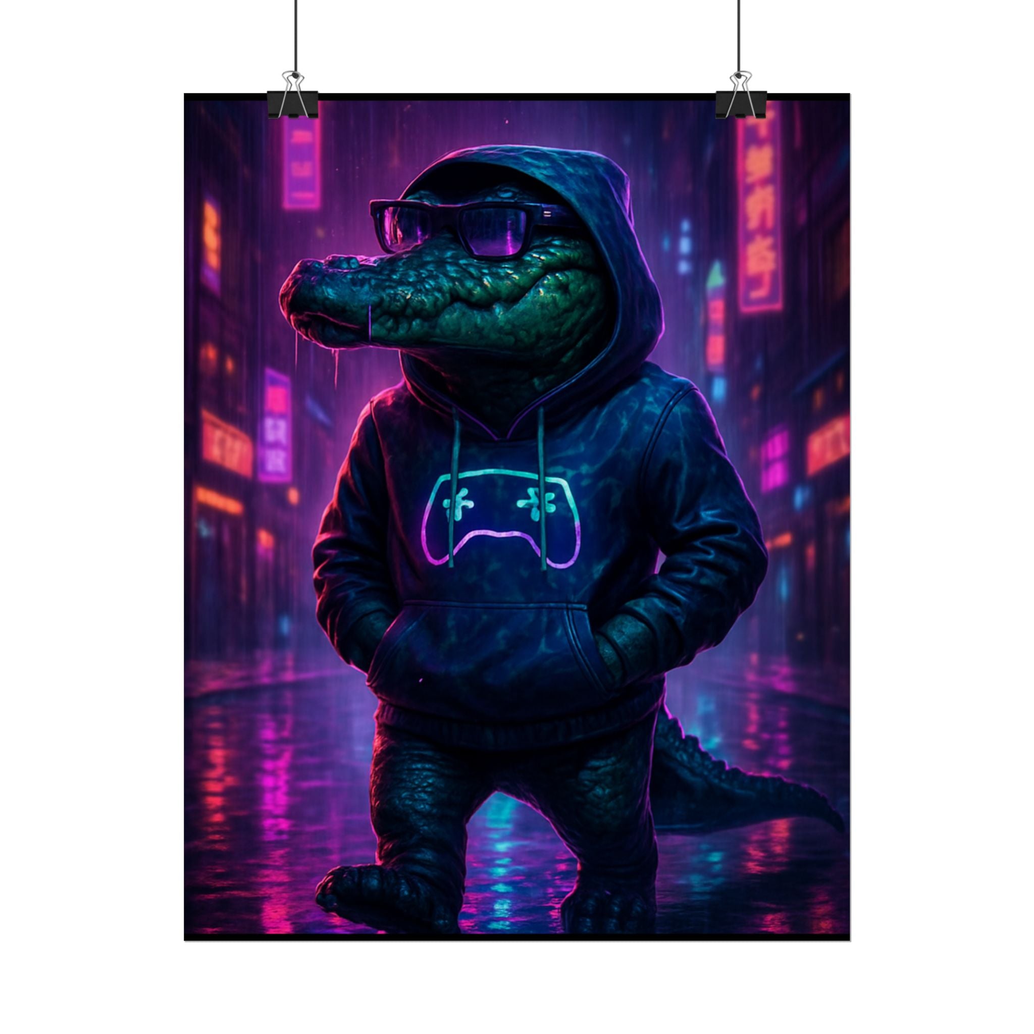 Rolled Posters - Florida Man Gaming Alligator Neon Gamer Hoodie Poster Print