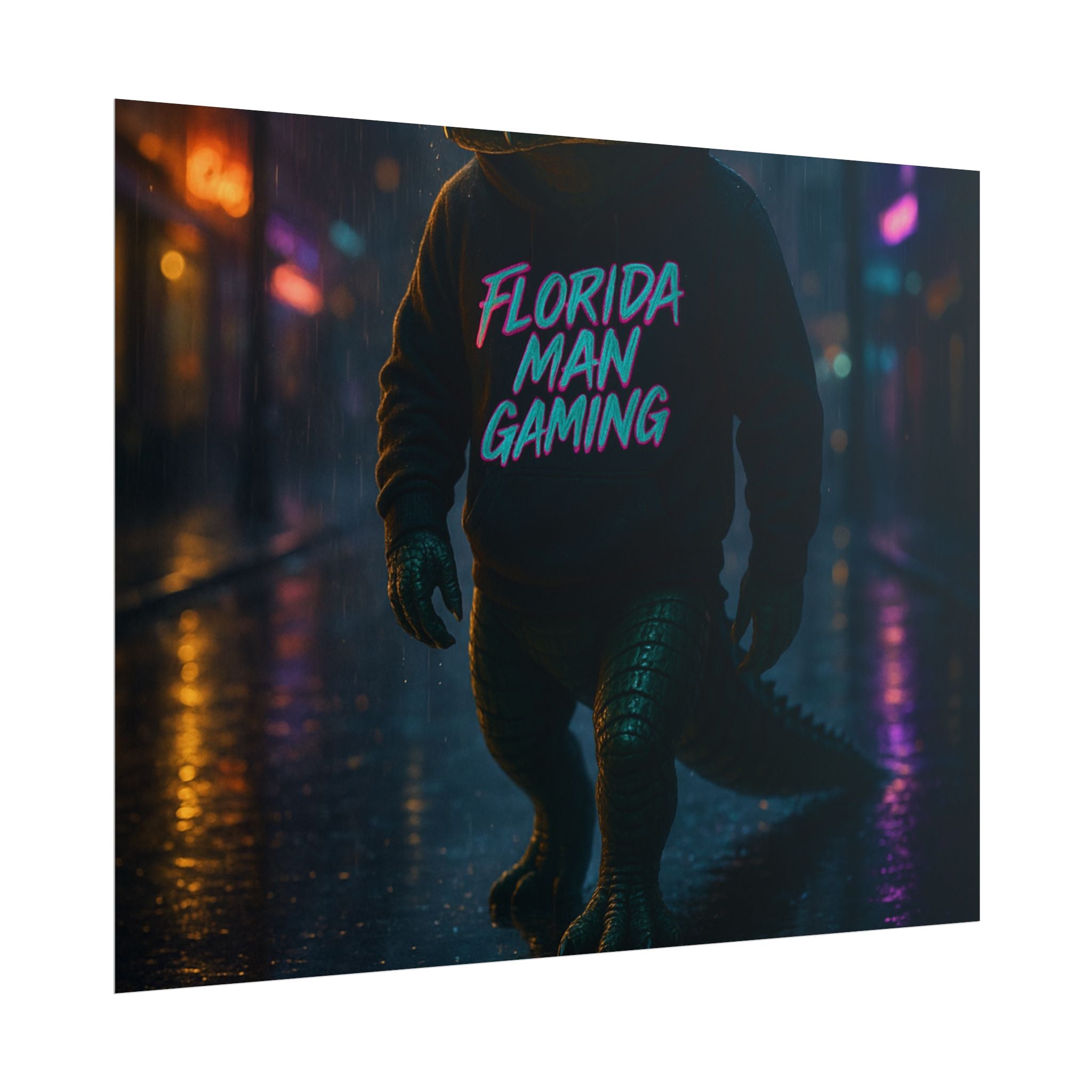 Rolled Posters - Florida Man Gaming Alligator Neon Cyberpunk Scene