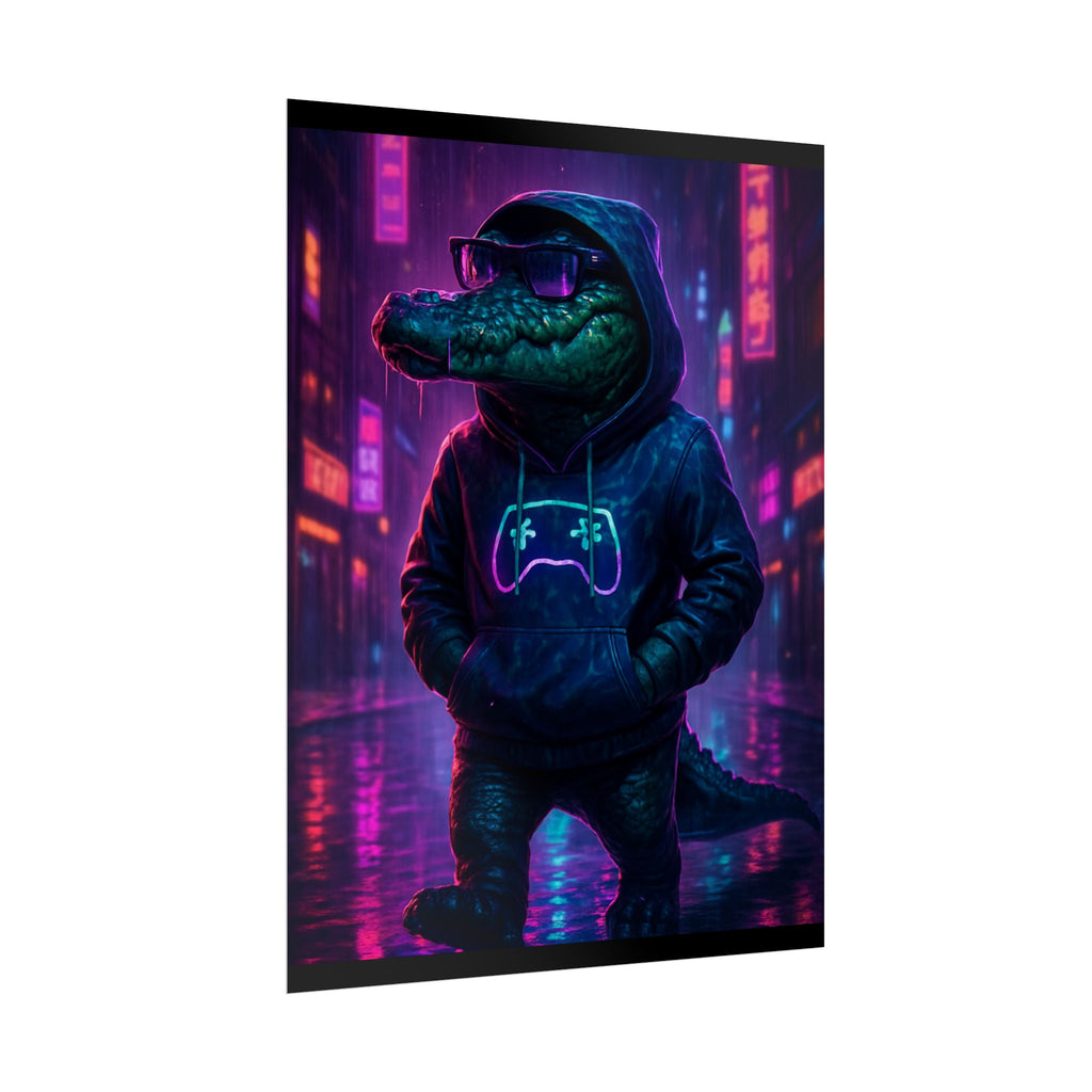Rolled Posters - Florida Man Gaming Alligator Neon Gamer Hoodie Poster Print