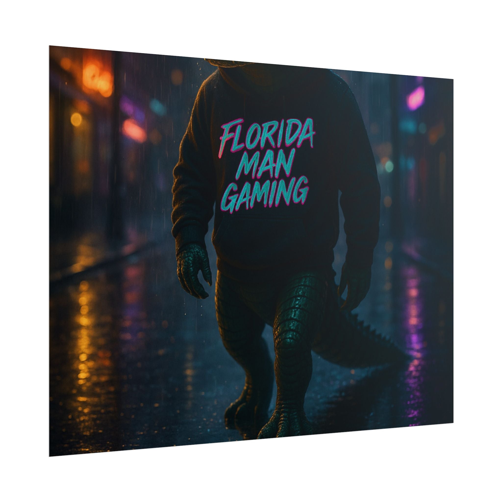 Rolled Posters - Florida Man Gaming Alligator Neon Cyberpunk Scene