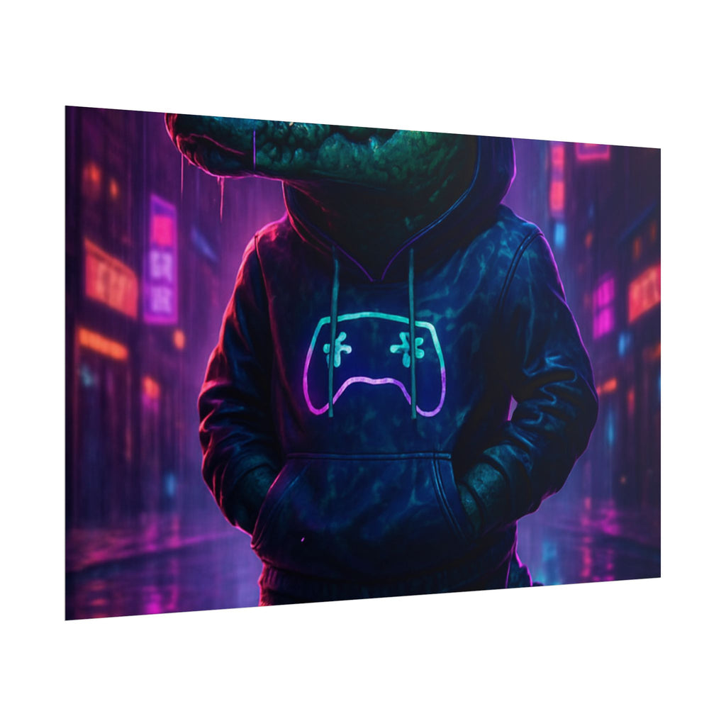 Rolled Posters - Florida Man Gaming Alligator Neon Gamer Hoodie Poster Print