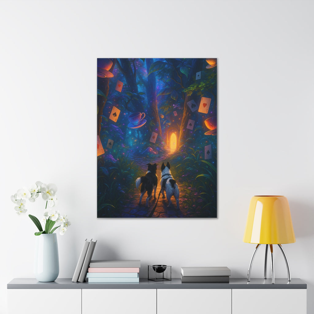 Magic Forest Canvas Wall Art — Dogs Exploring Wonderland with Glowing Door & Floating Playing Cards