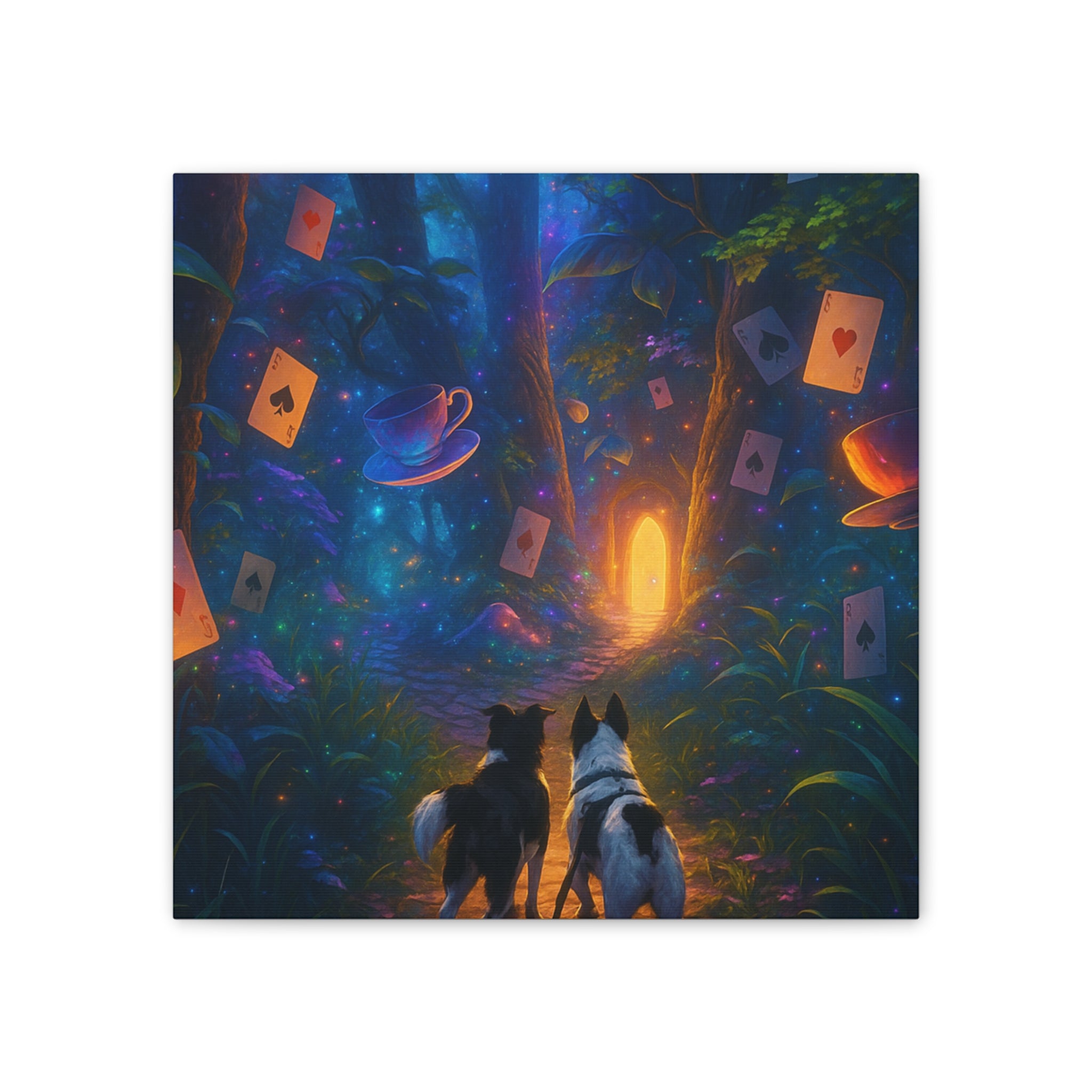 Magic Forest Canvas Wall Art — Dogs Exploring Wonderland with Glowing Door & Floating Playing Cards