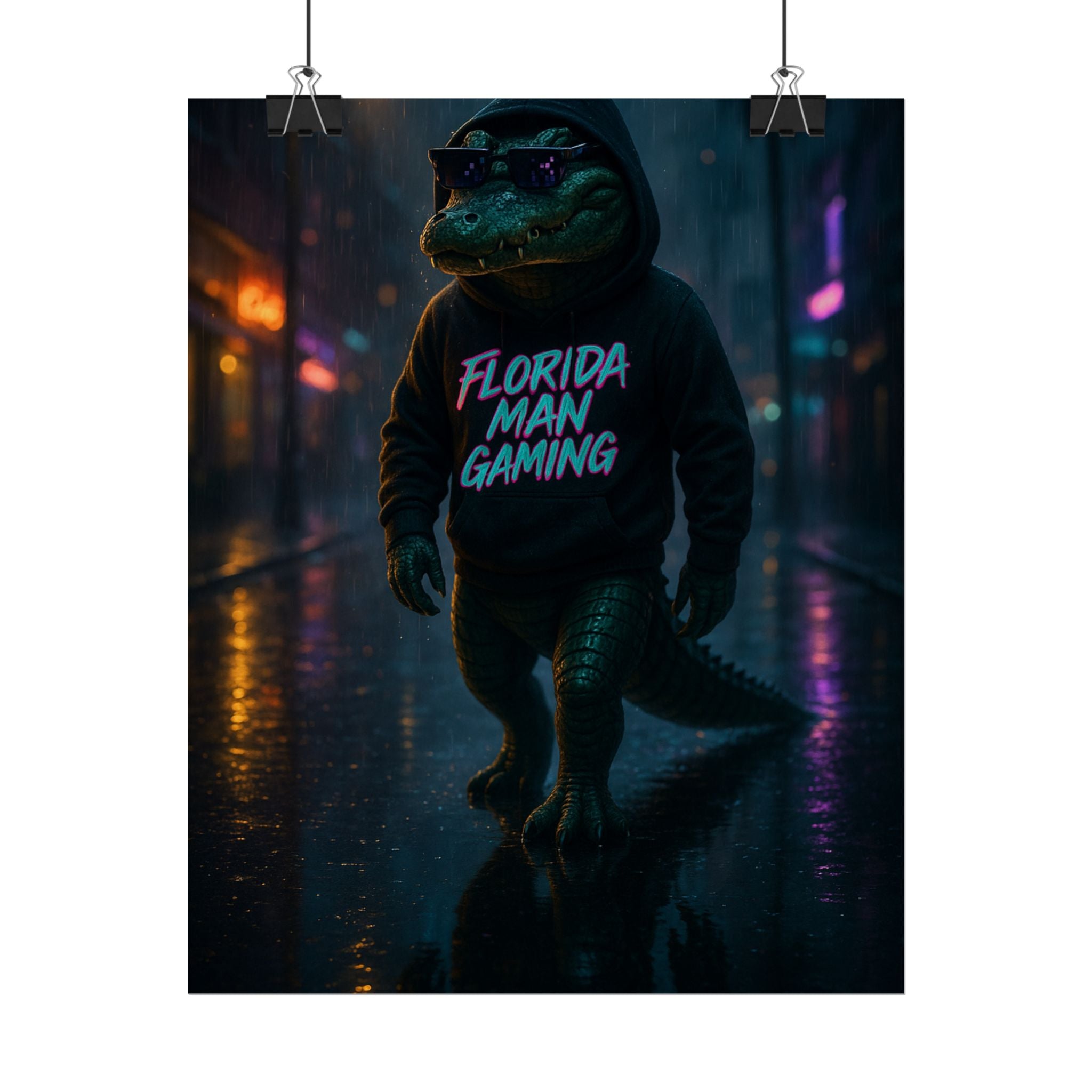 Rolled Posters - Florida Man Gaming Alligator Neon Cyberpunk Scene