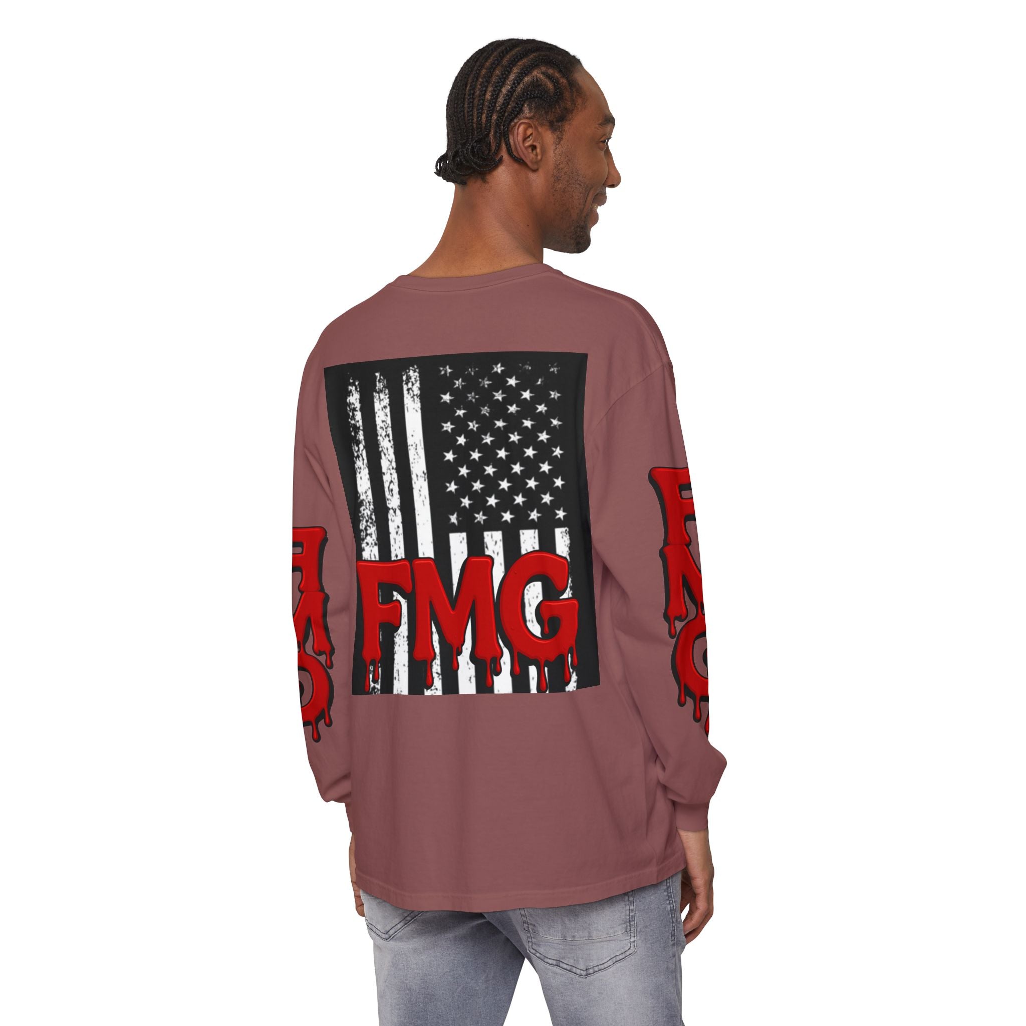 Long Sleeve T-Shirt — Distressed American Flag with Dripping "FMG" Sleeves