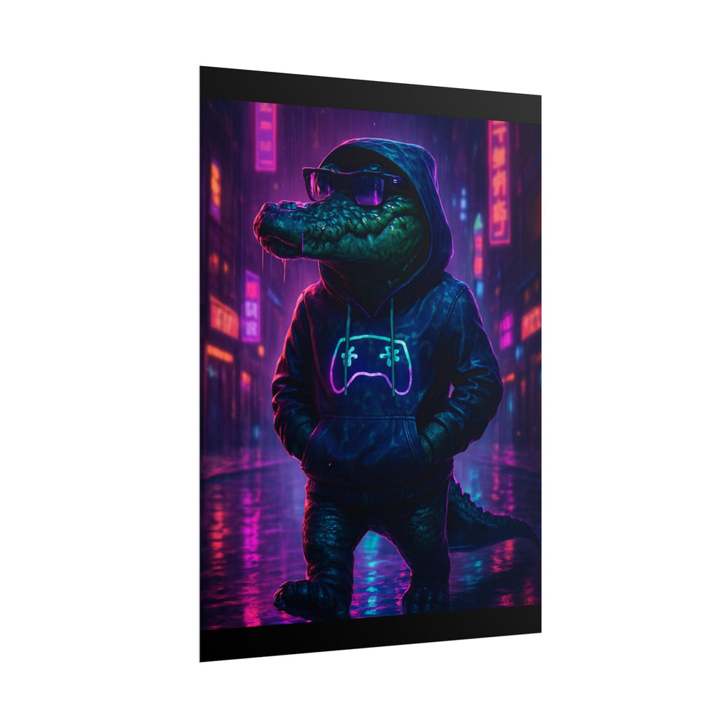 Rolled Posters - Florida Man Gaming Alligator Neon Gamer Hoodie Poster Print