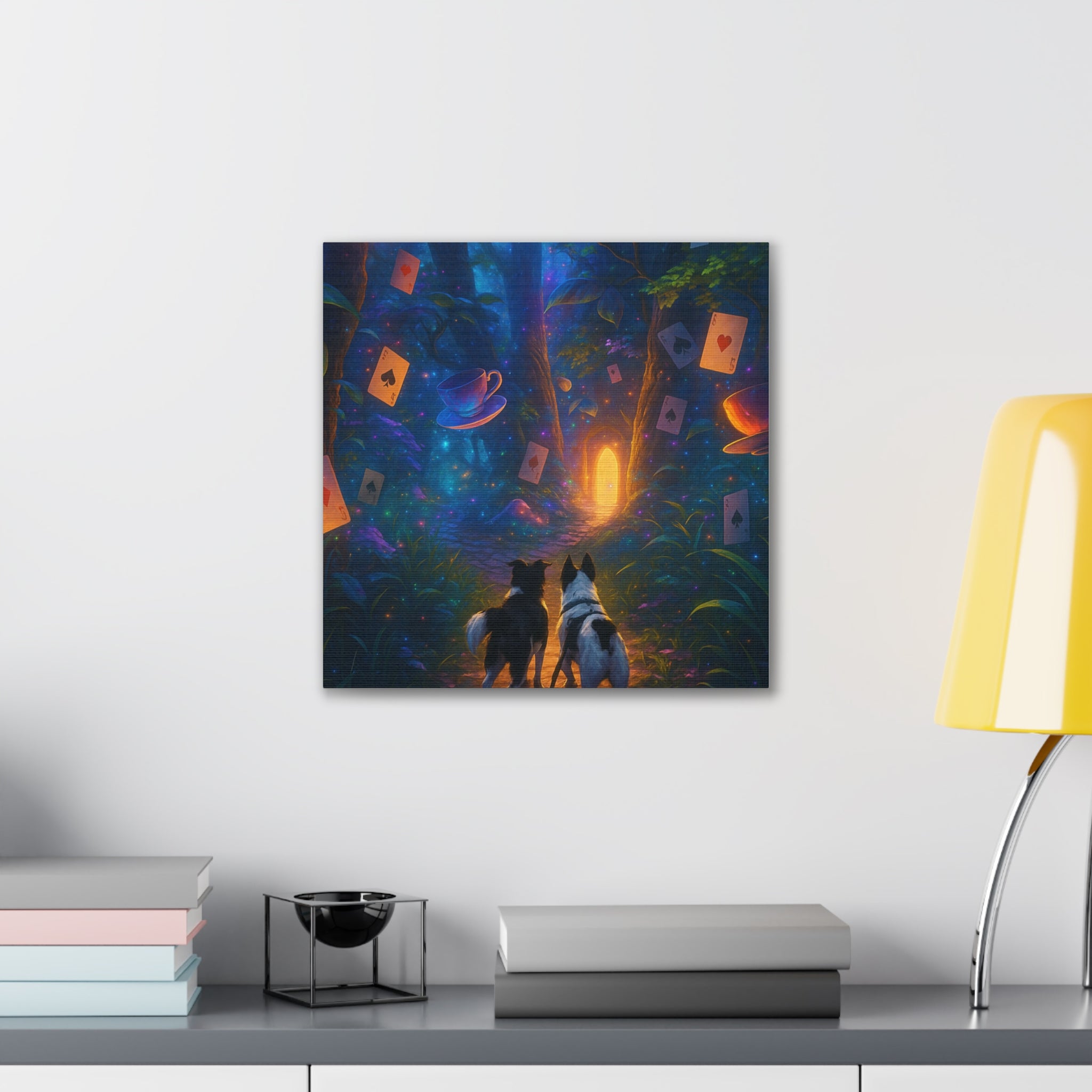 Magic Forest Canvas Wall Art — Dogs Exploring Wonderland with Glowing Door & Floating Playing Cards