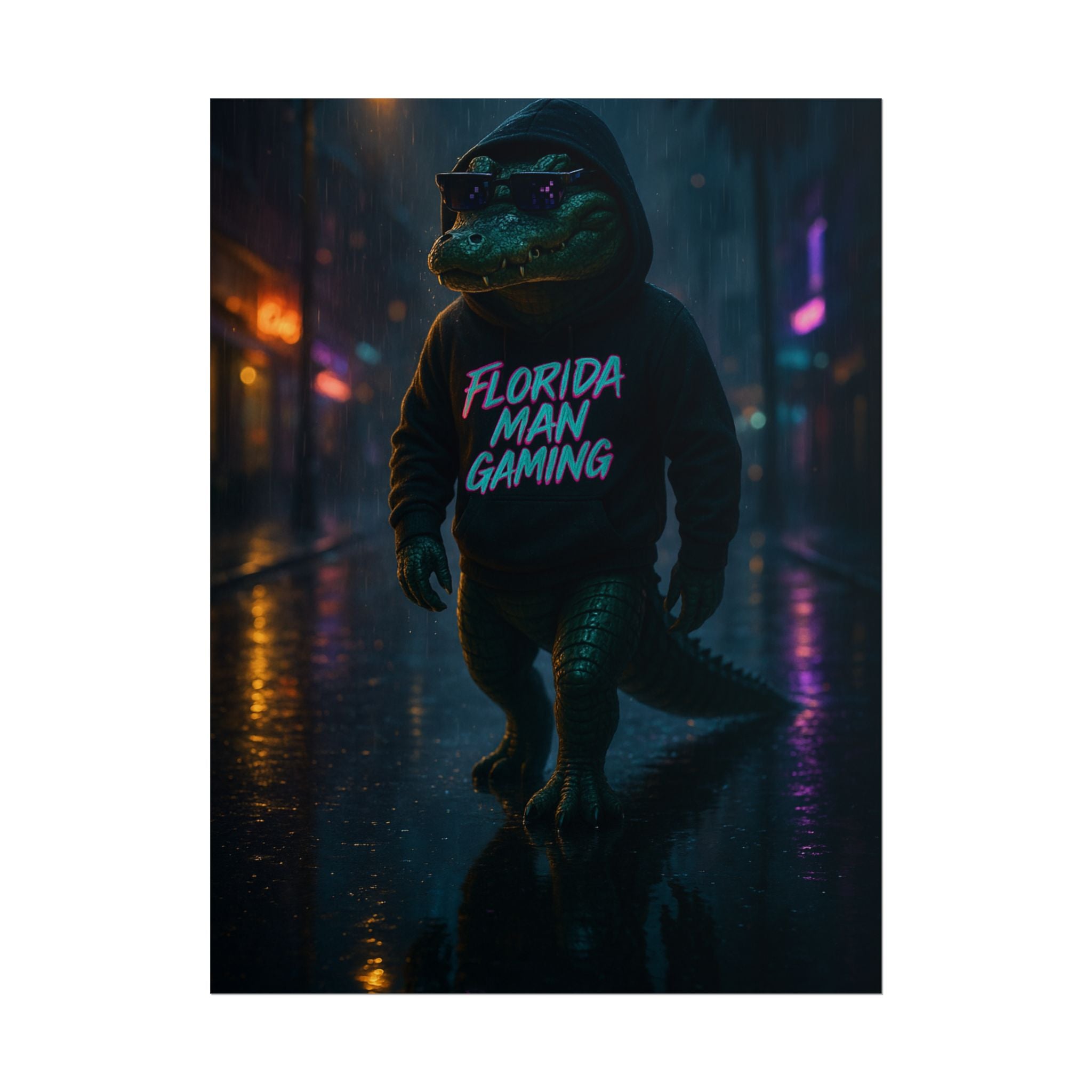 Rolled Posters - Florida Man Gaming Alligator Neon Cyberpunk Scene