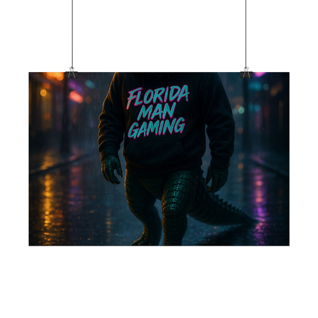 Rolled Posters - Florida Man Gaming Alligator Neon Cyberpunk Scene