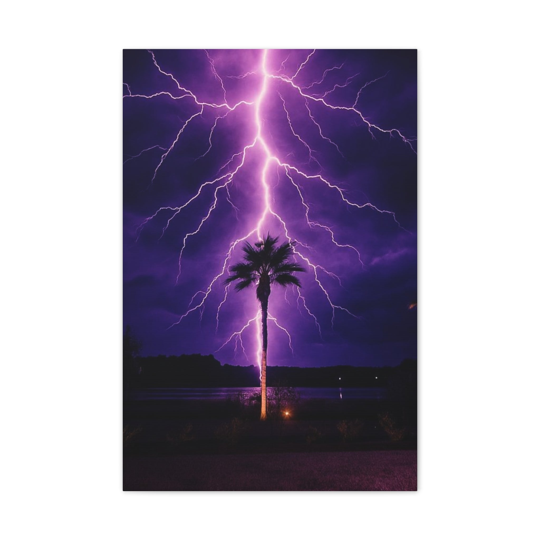 Purple Lightning Palm Tree Canvas Wall Art — Storm Photography Stretched Canvas