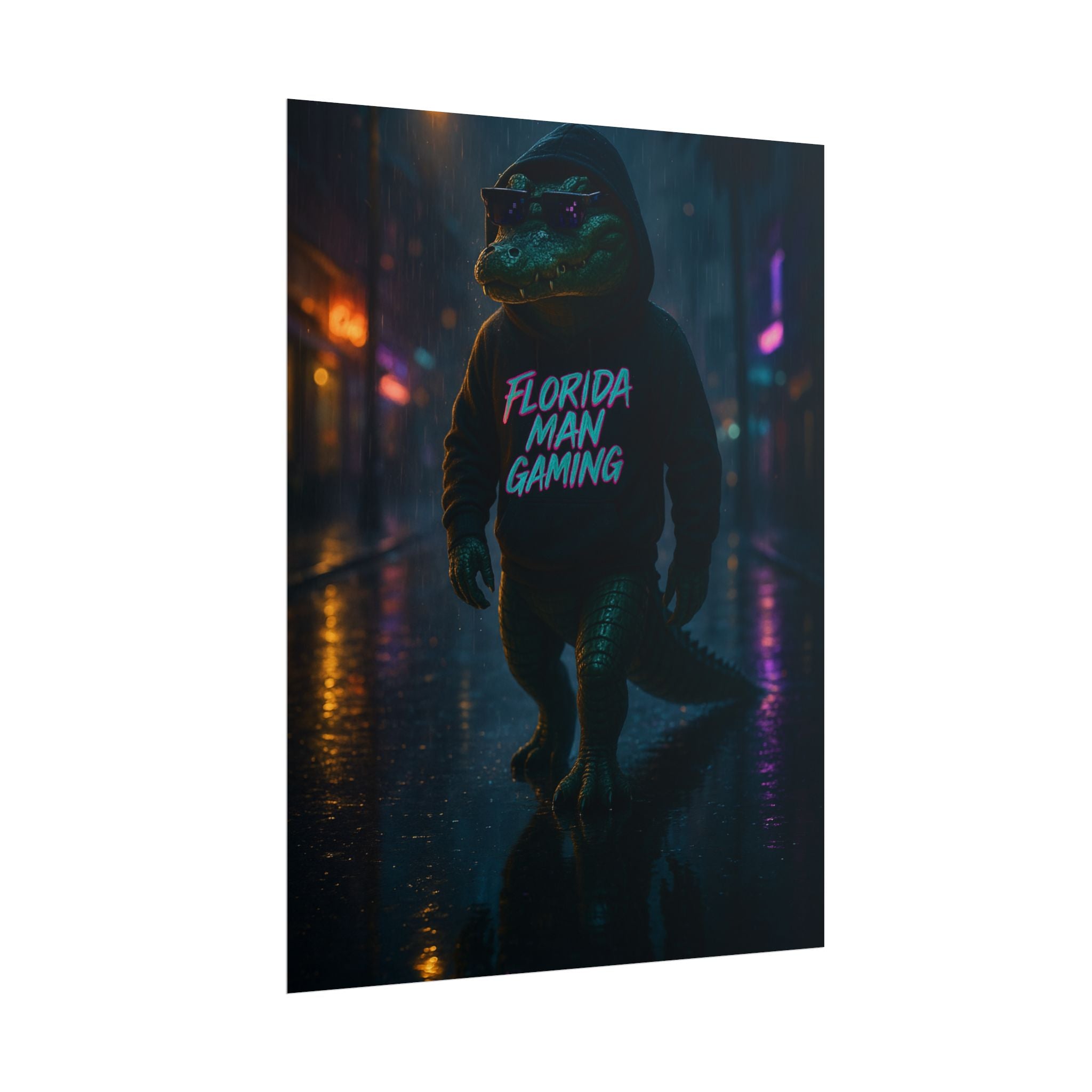 Rolled Posters - Florida Man Gaming Alligator Neon Cyberpunk Scene