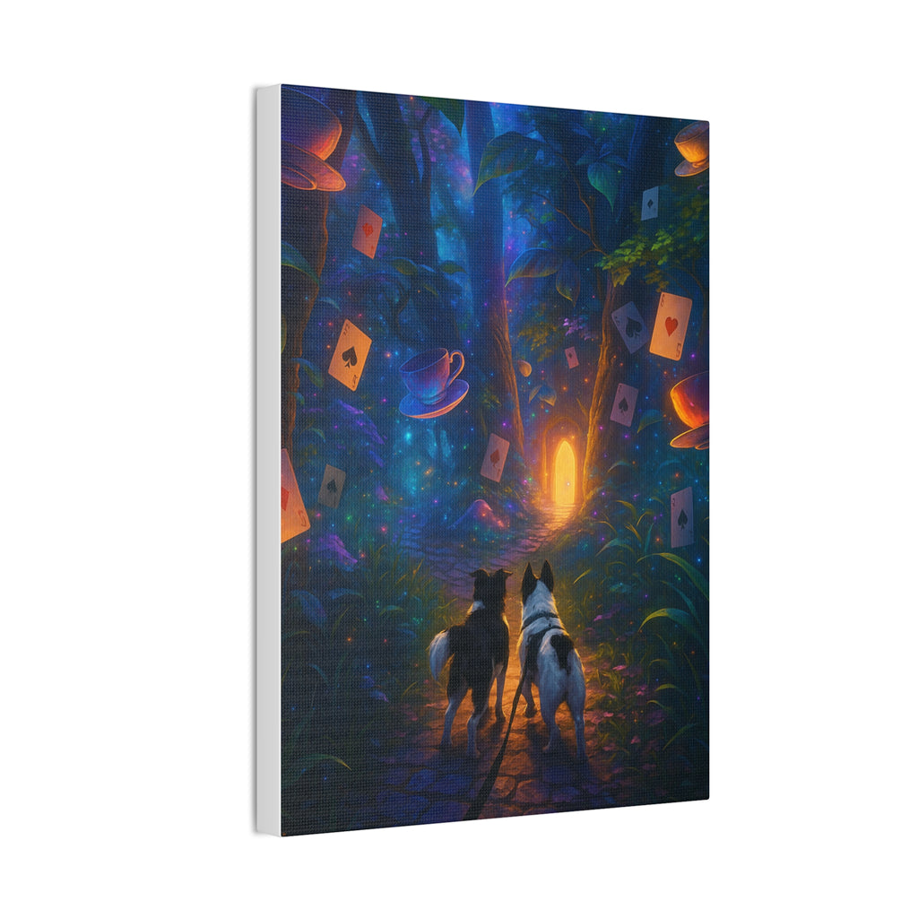 Magic Forest Canvas Wall Art — Dogs Exploring Wonderland with Glowing Door & Floating Playing Cards