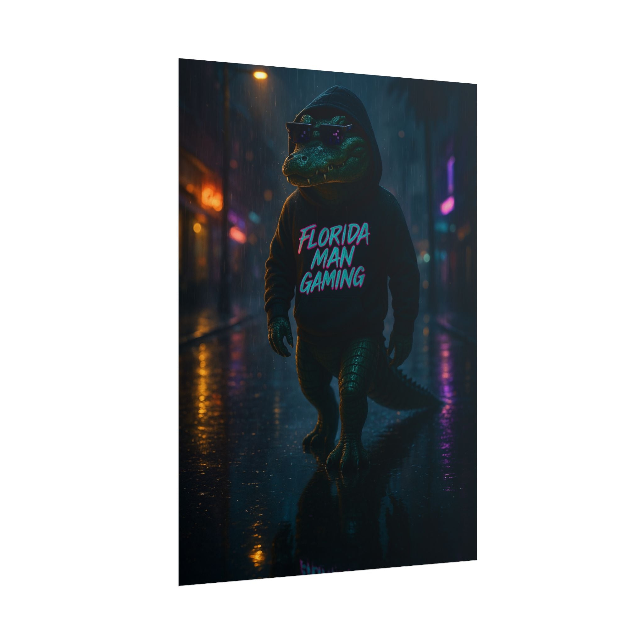 Rolled Posters - Florida Man Gaming Alligator Neon Cyberpunk Scene