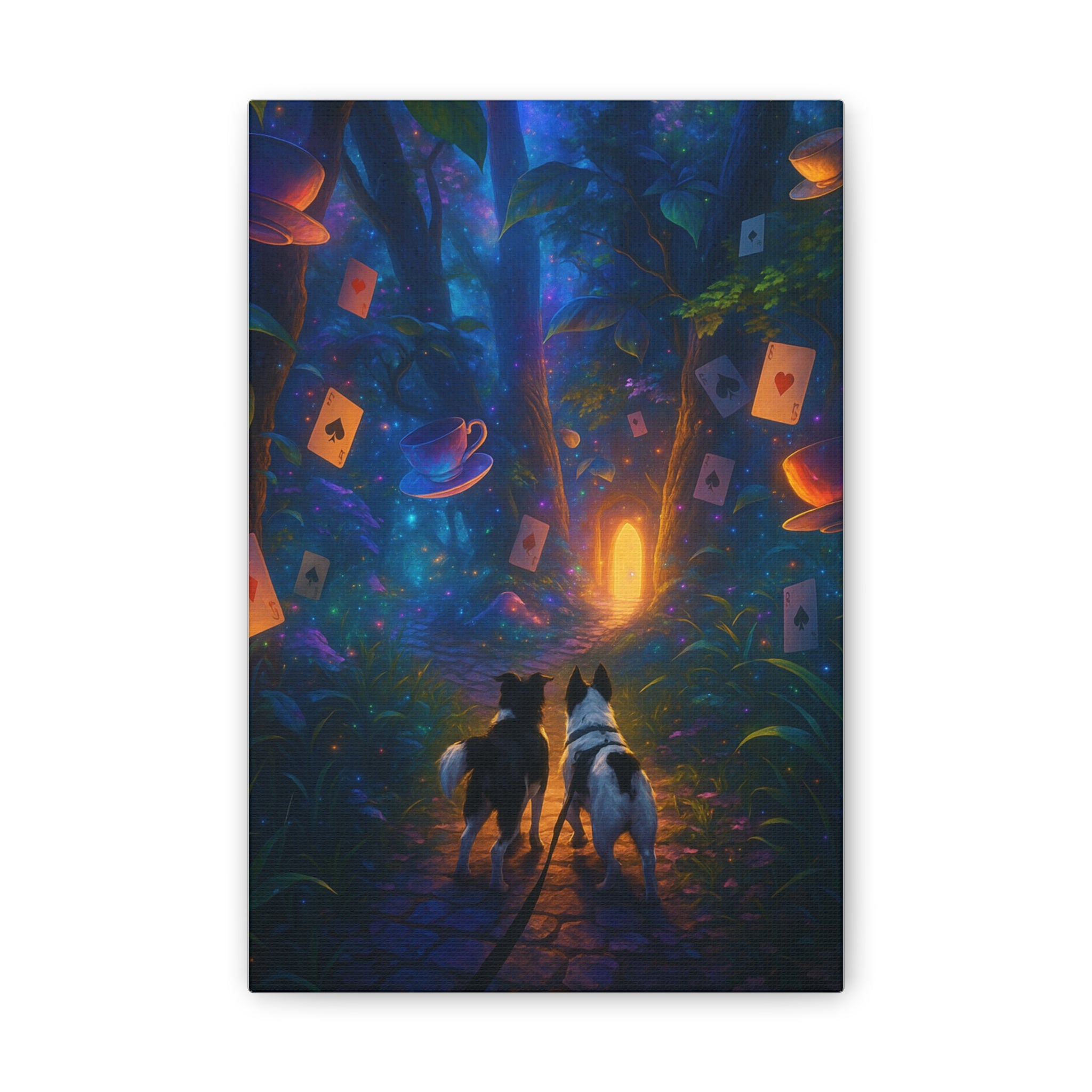 Magic Forest Canvas Wall Art — Dogs Exploring Wonderland with Glowing Door & Floating Playing Cards