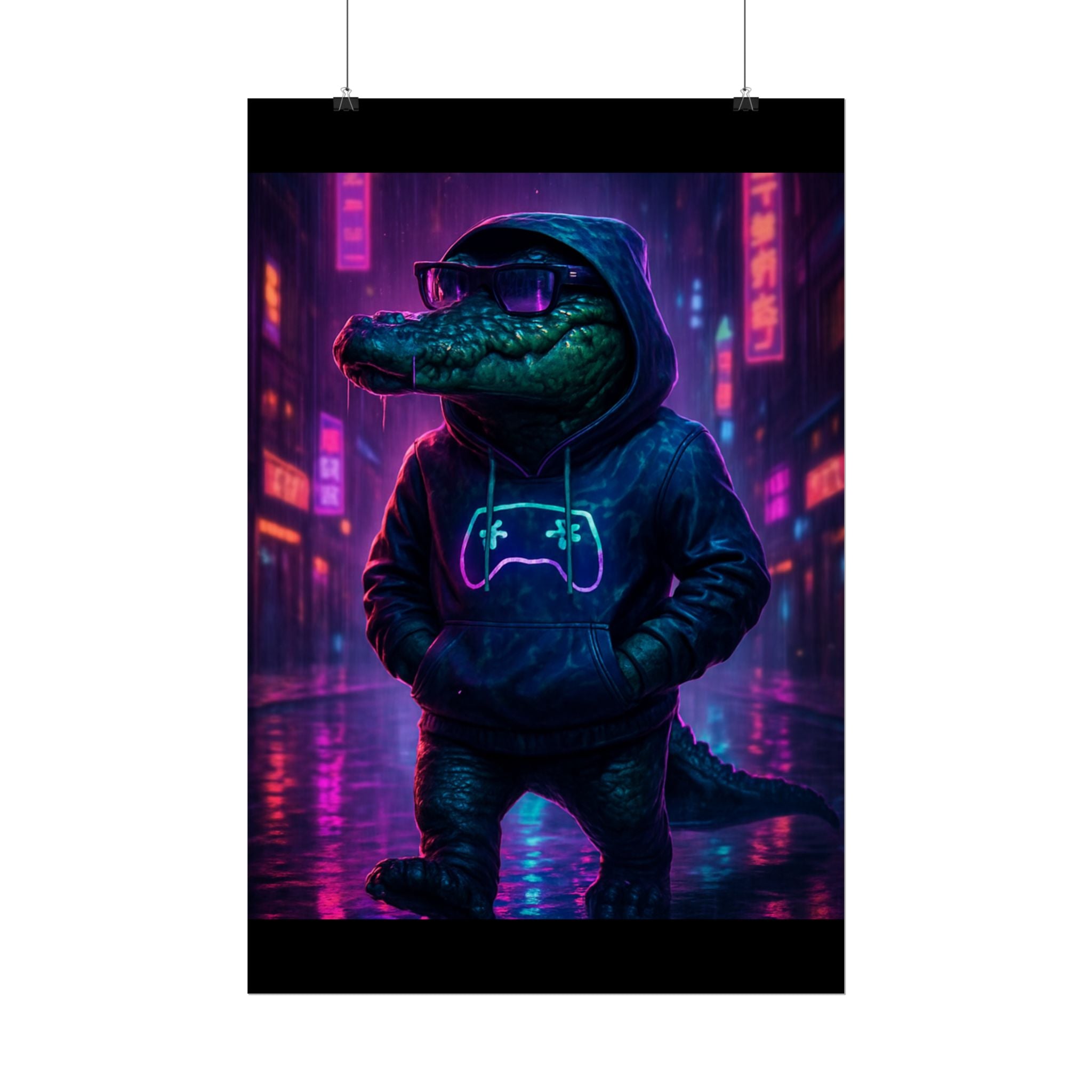 Rolled Posters - Florida Man Gaming Alligator Neon Gamer Hoodie Poster Print