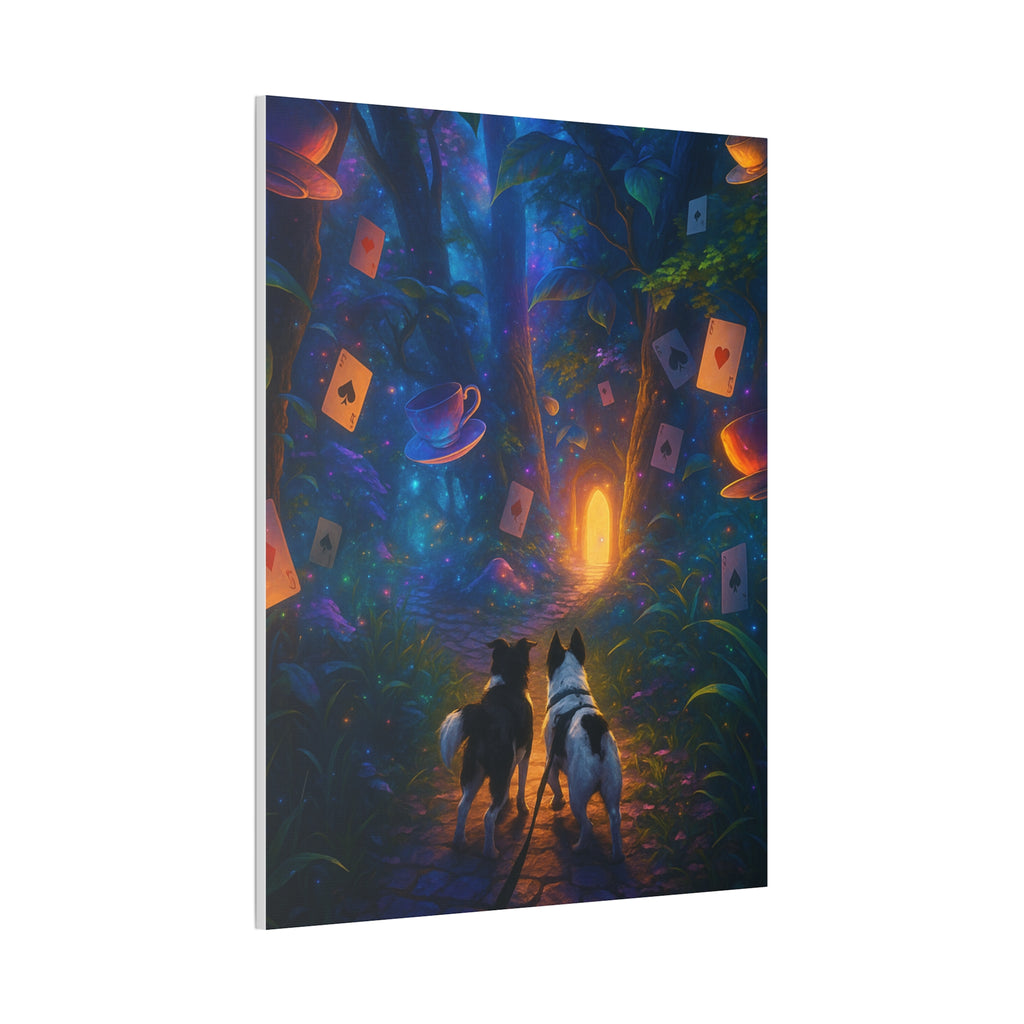 Magic Forest Canvas Wall Art — Dogs Exploring Wonderland with Glowing Door & Floating Playing Cards