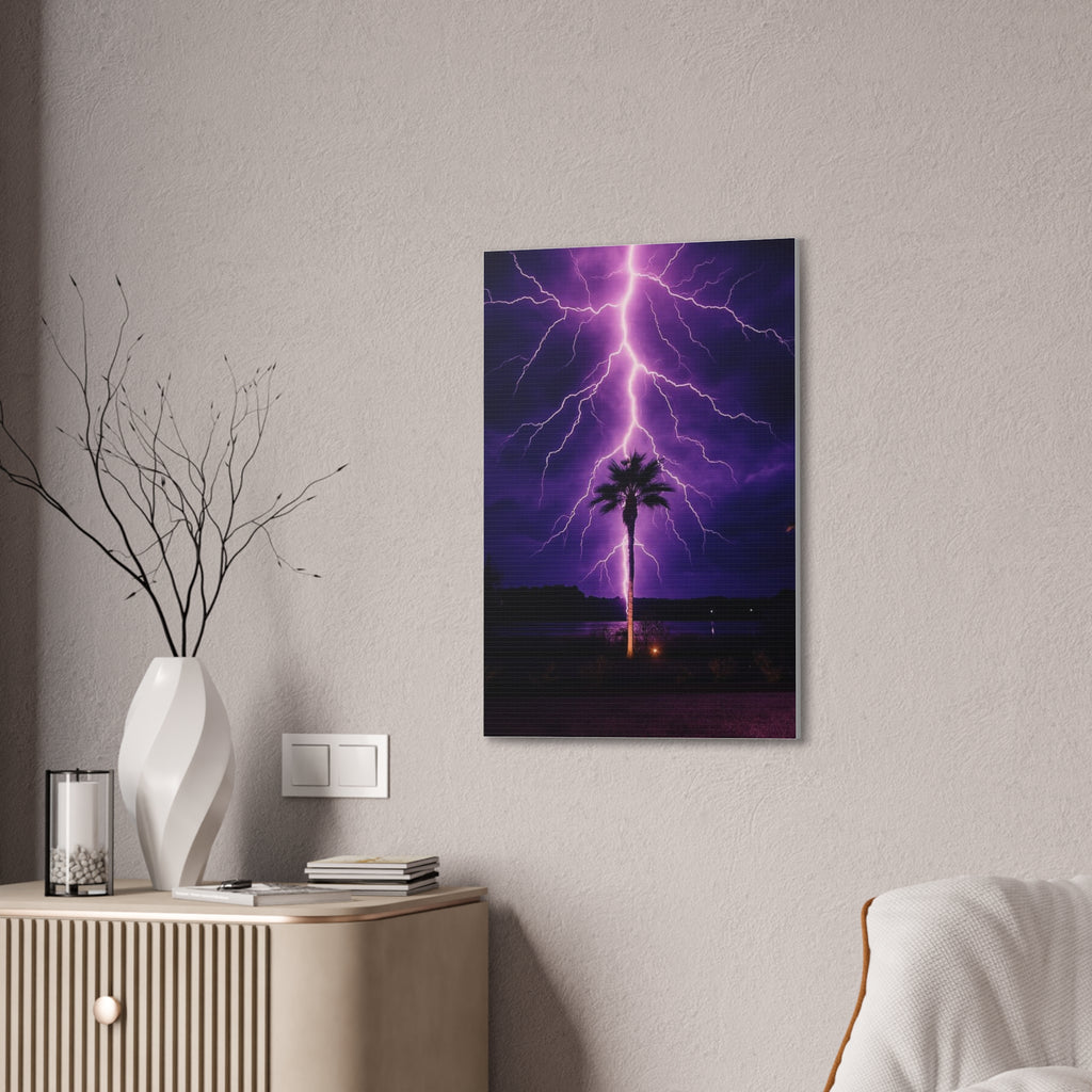 Purple Lightning Palm Tree Canvas Wall Art — Storm Photography Stretched Canvas