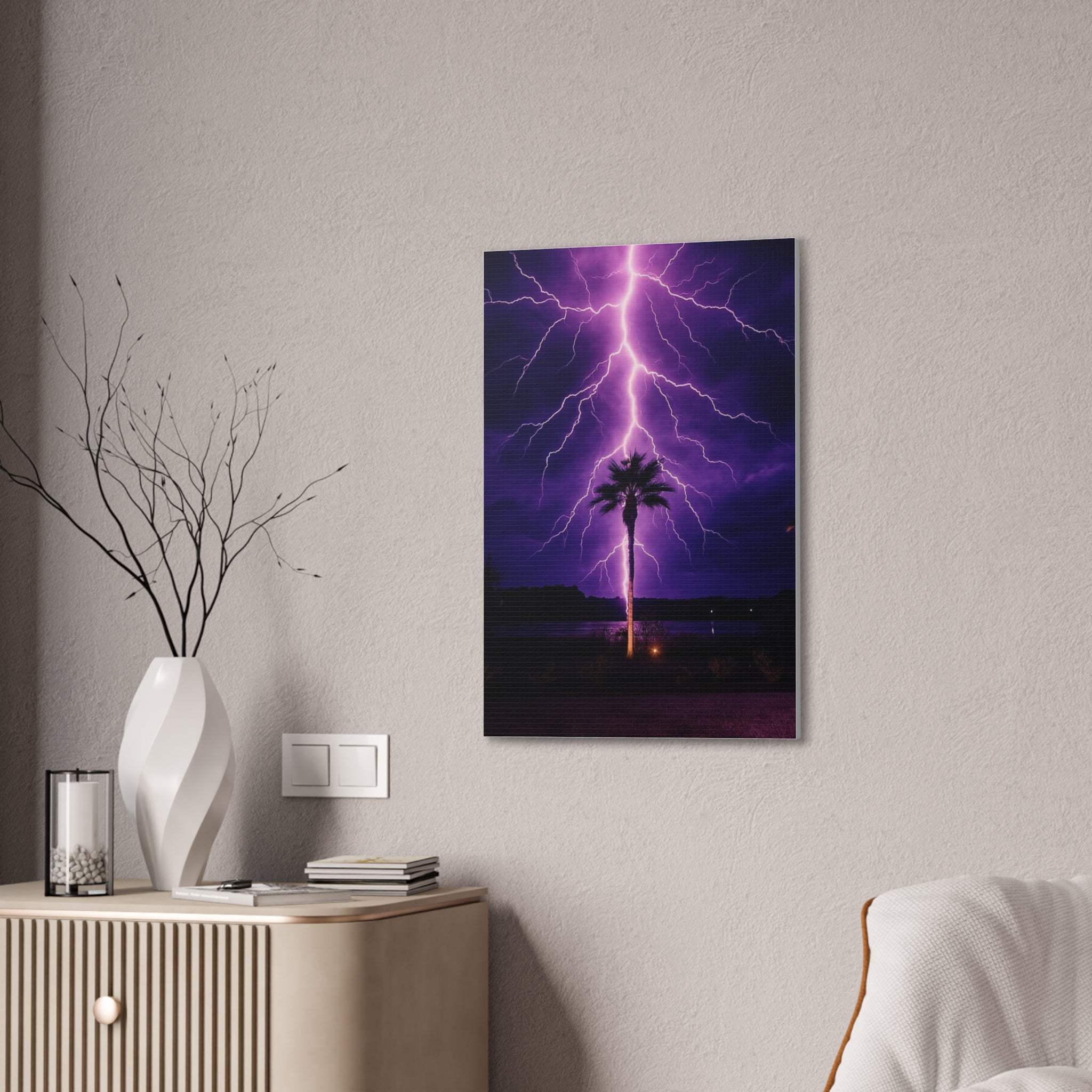 Purple Lightning Palm Tree Canvas Wall Art — Storm Photography Stretched Canvas