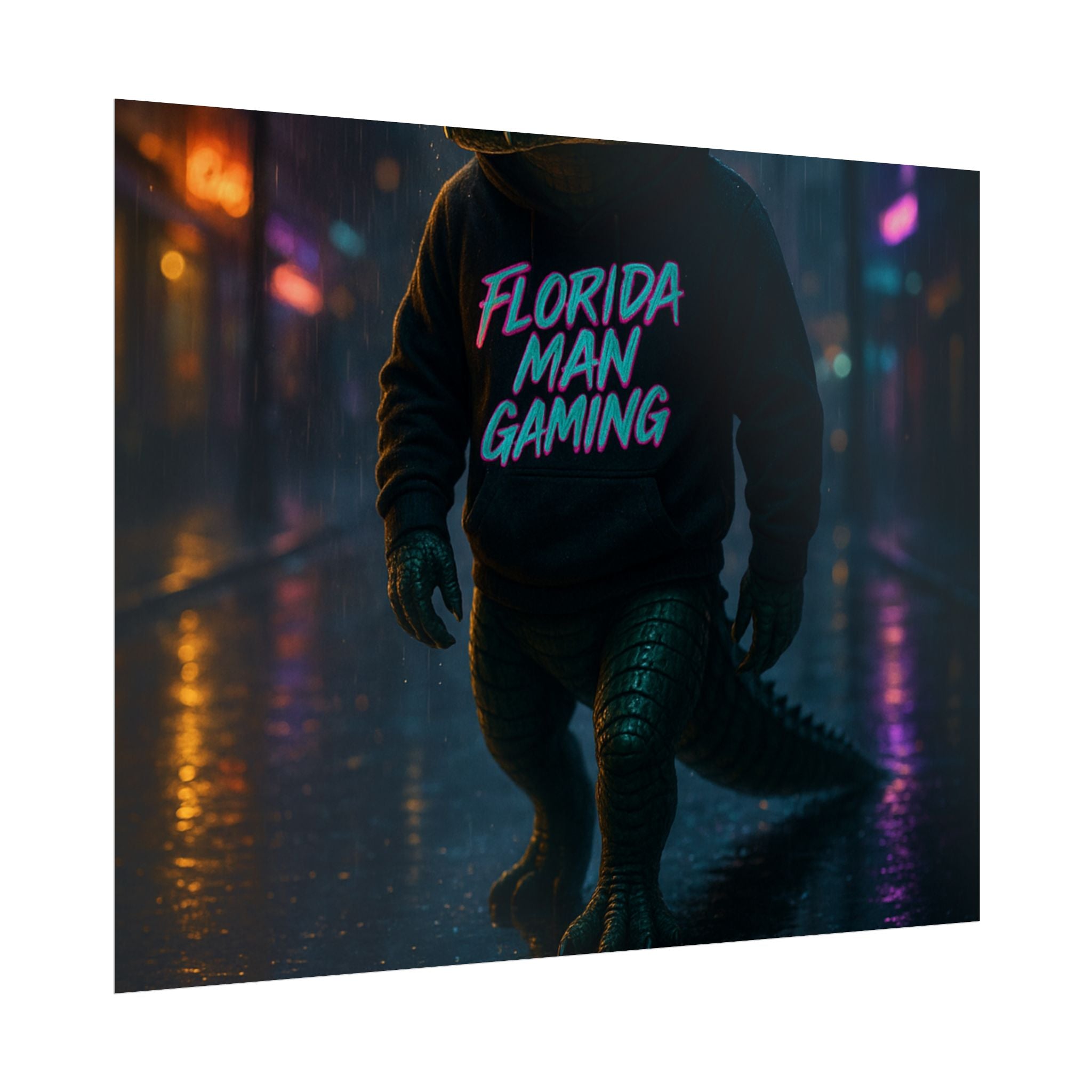 Rolled Posters - Florida Man Gaming Alligator Neon Cyberpunk Scene