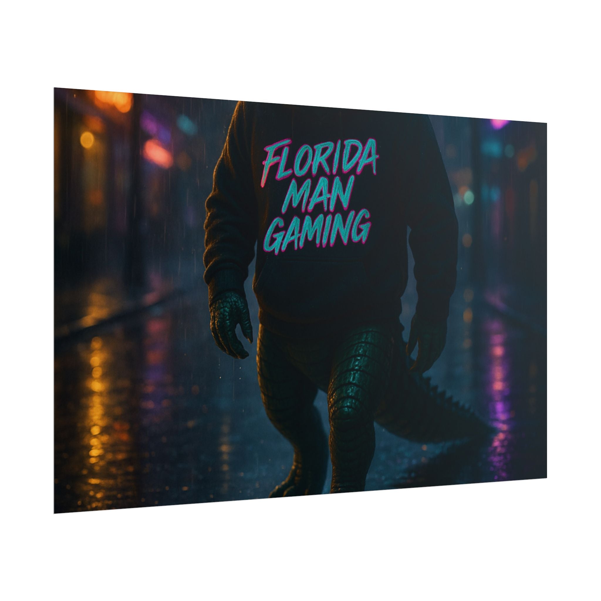 Rolled Posters - Florida Man Gaming Alligator Neon Cyberpunk Scene