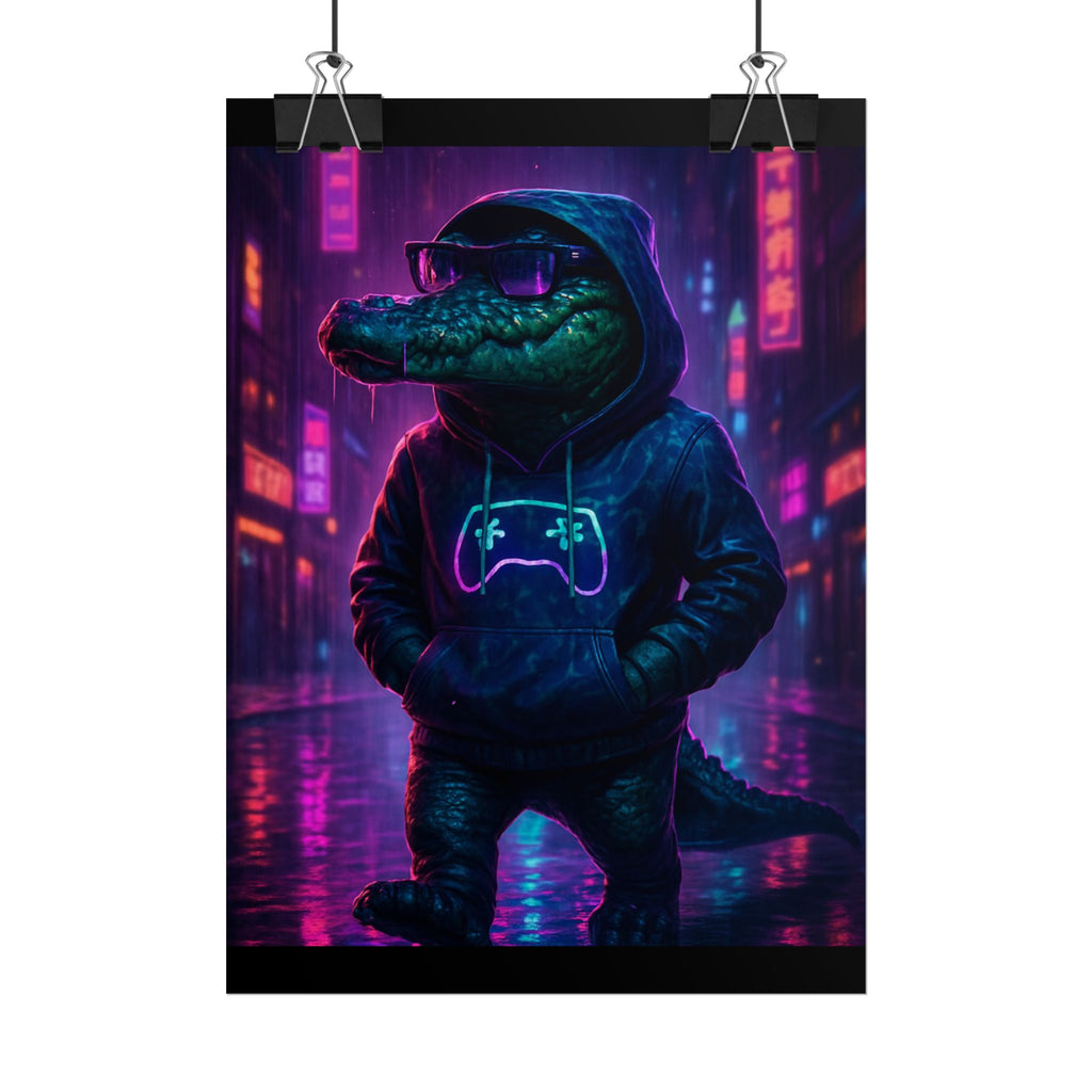 Rolled Posters - Florida Man Gaming Alligator Neon Gamer Hoodie Poster Print