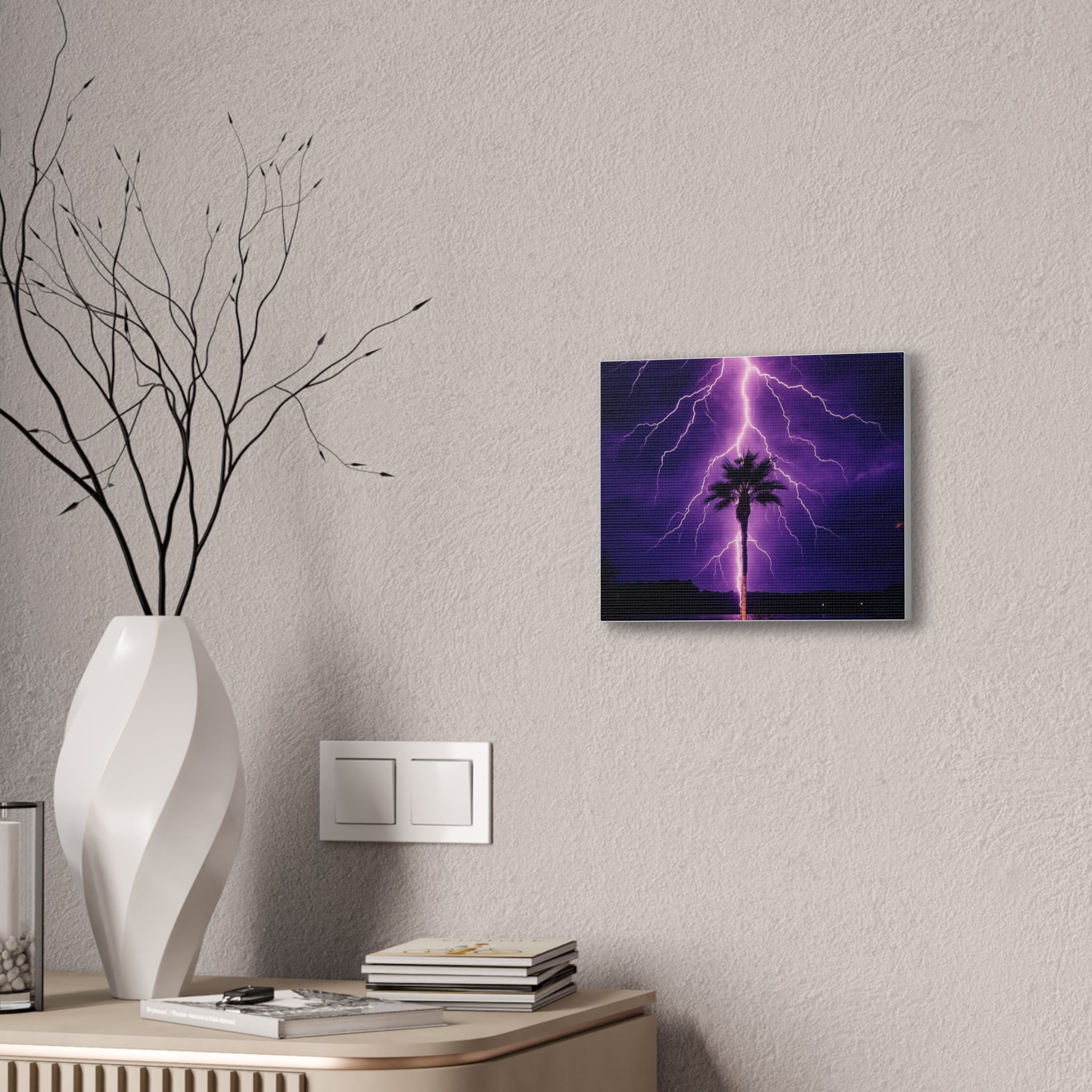 Purple Lightning Palm Tree Canvas Wall Art — Storm Photography Stretched Canvas