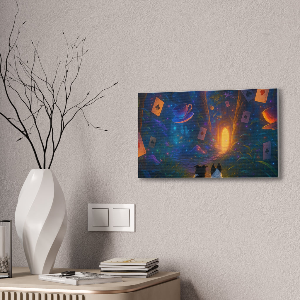 Magic Forest Canvas Wall Art — Dogs Exploring Wonderland with Glowing Door & Floating Playing Cards