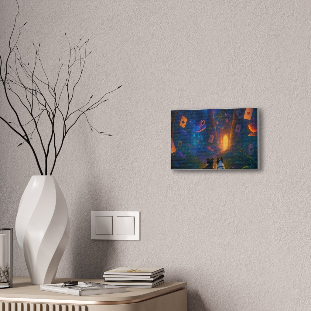Magic Forest Canvas Wall Art — Dogs Exploring Wonderland with Glowing Door & Floating Playing Cards