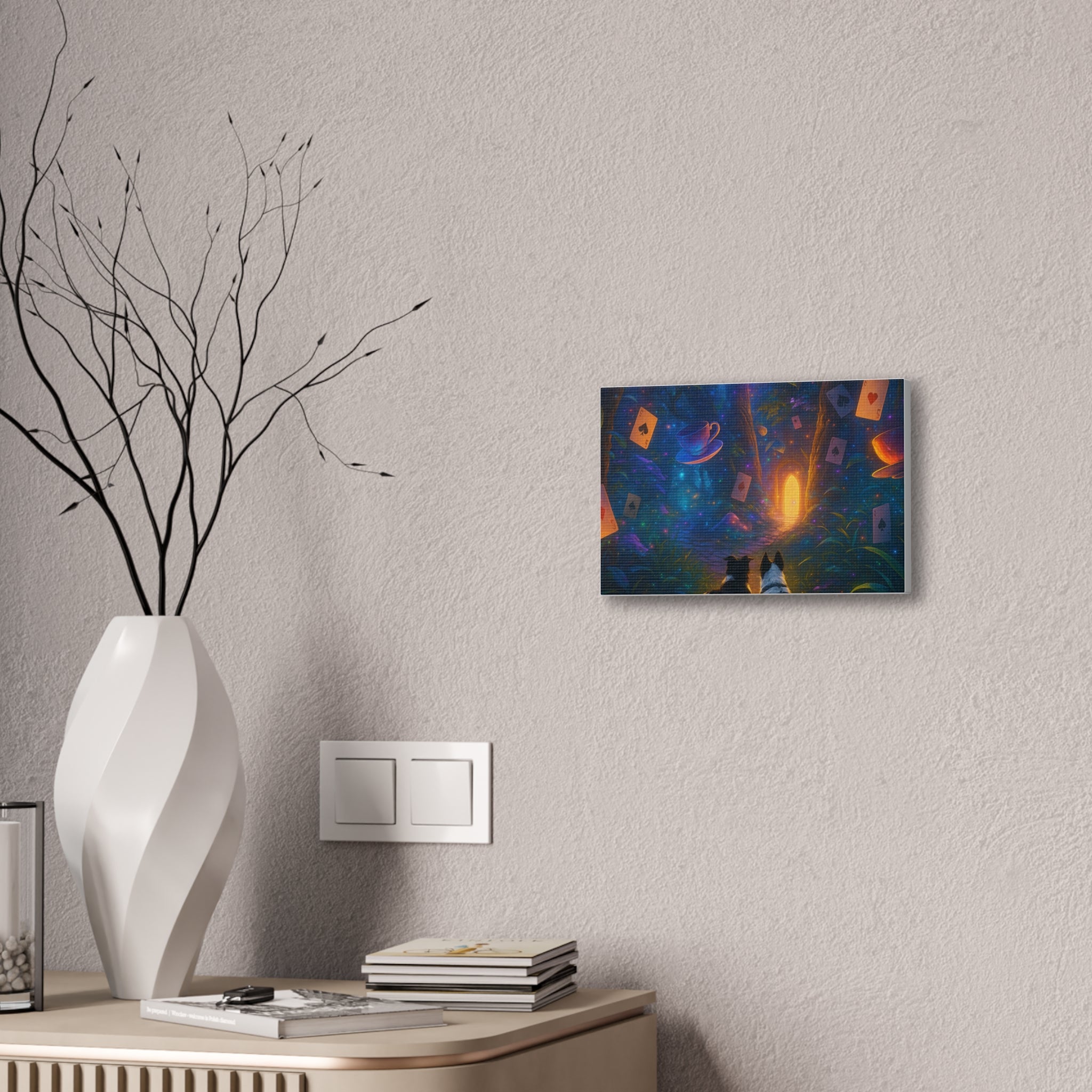 Magic Forest Canvas Wall Art — Dogs Exploring Wonderland with Glowing Door & Floating Playing Cards