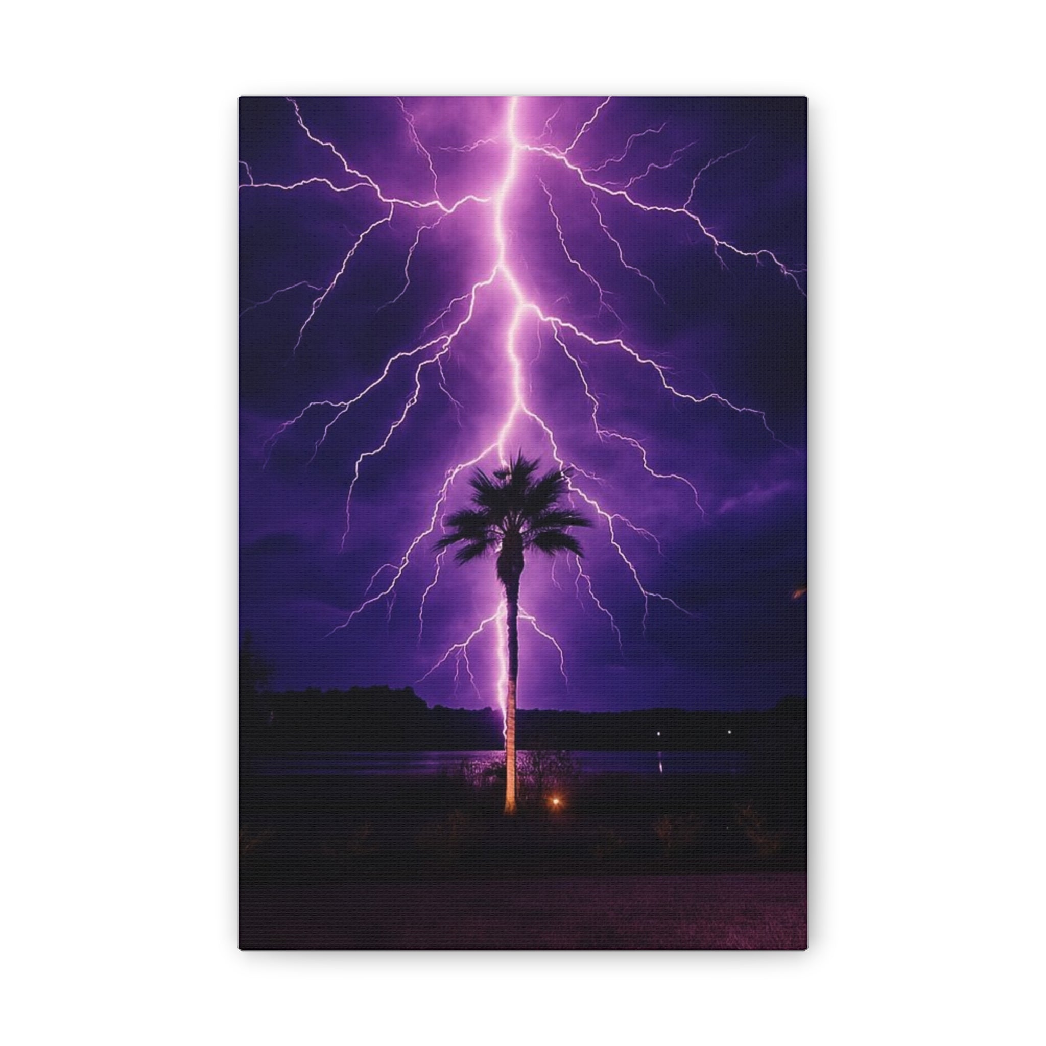 Purple Lightning Palm Tree Canvas Wall Art — Storm Photography Stretched Canvas