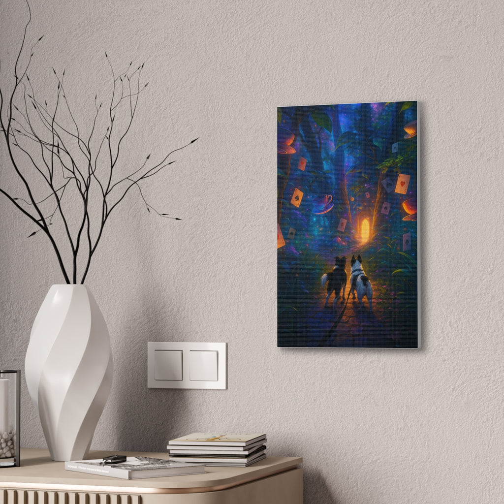 Magic Forest Canvas Wall Art — Dogs Exploring Wonderland with Glowing Door & Floating Playing Cards