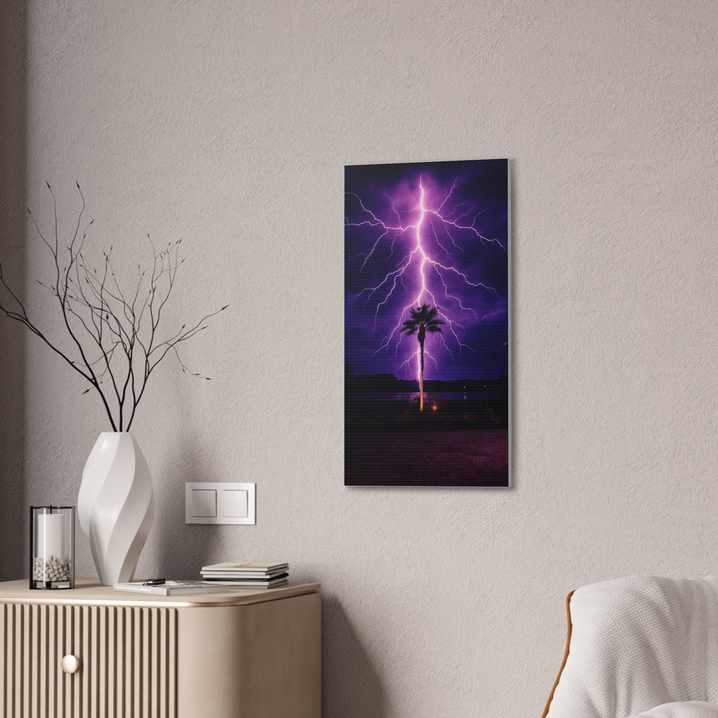 Purple Lightning Palm Tree Canvas Wall Art — Storm Photography Stretched Canvas