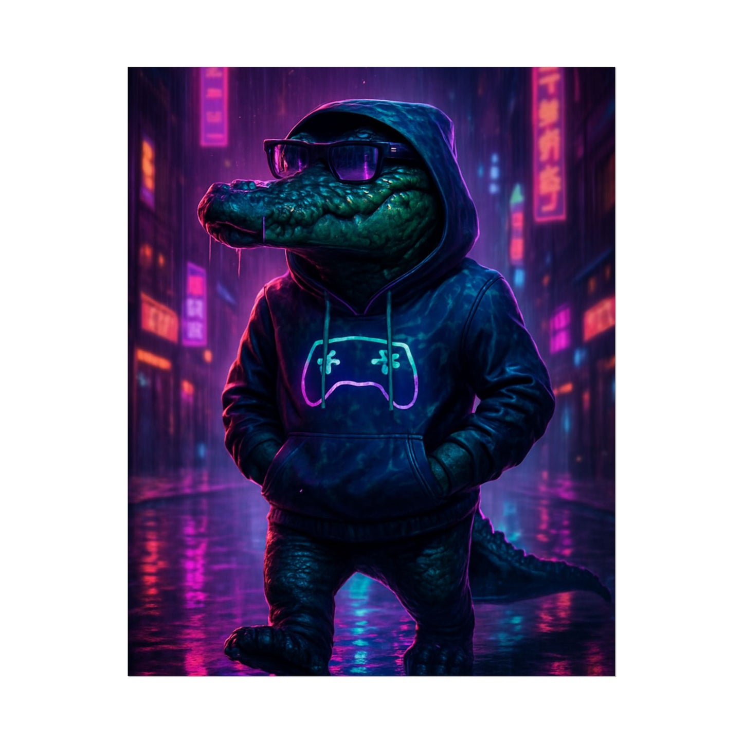 Rolled Posters - Florida Man Gaming Alligator Neon Gamer Hoodie Poster Print