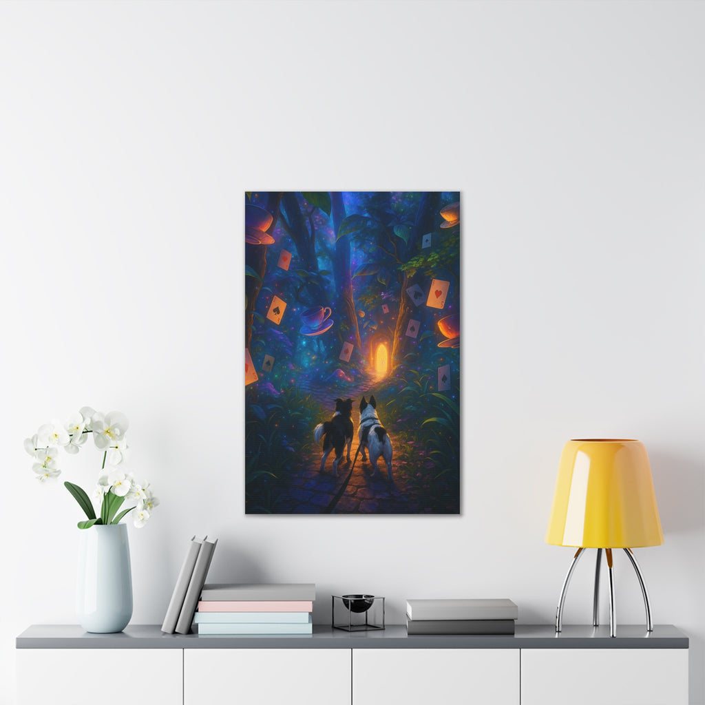 Magic Forest Canvas Wall Art — Dogs Exploring Wonderland with Glowing Door & Floating Playing Cards