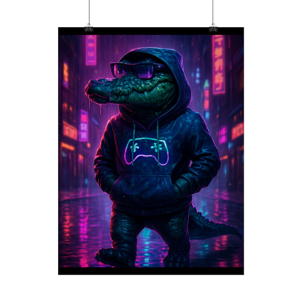 Rolled Posters - Florida Man Gaming Alligator Neon Gamer Hoodie Poster Print