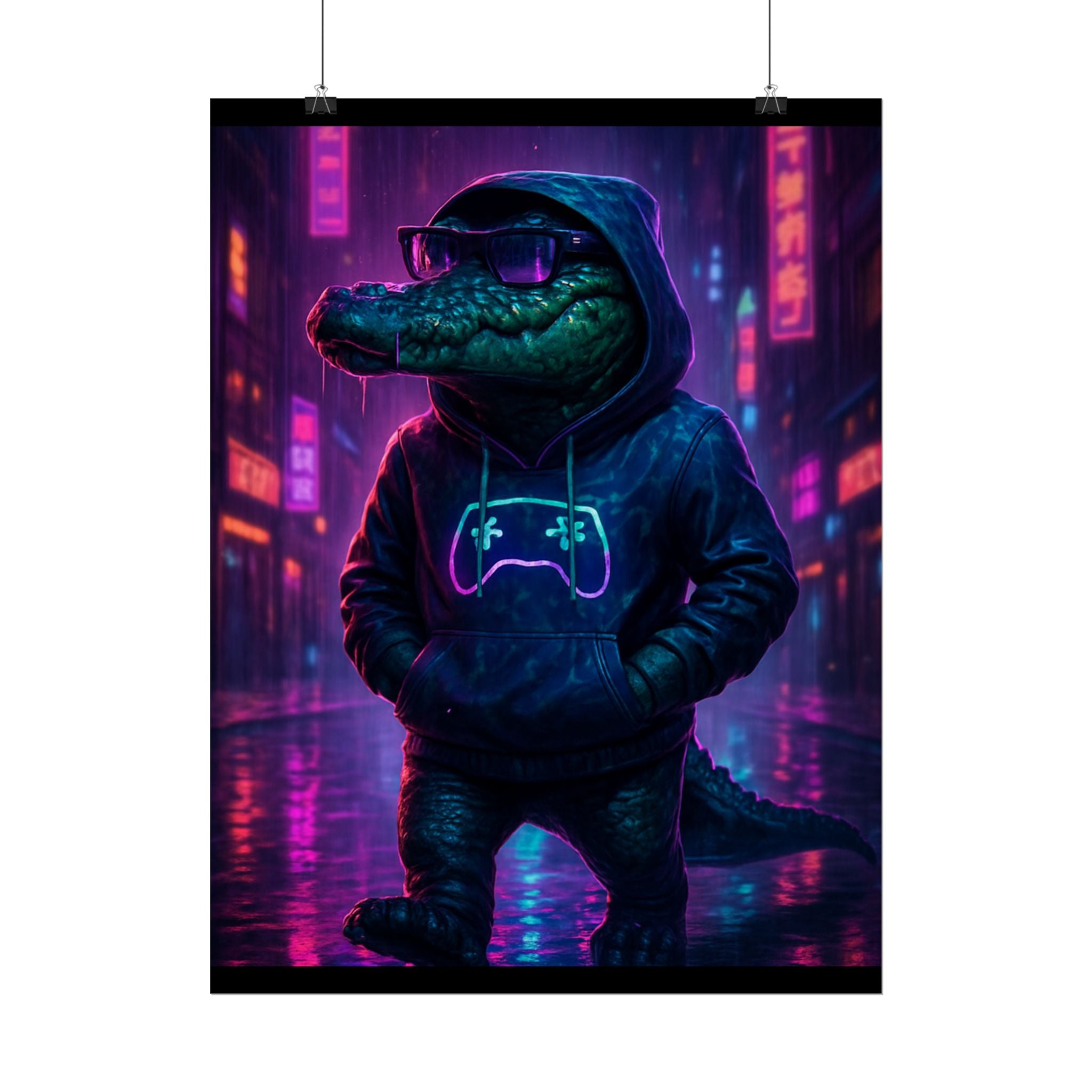 Rolled Posters - Florida Man Gaming Alligator Neon Gamer Hoodie Poster Print