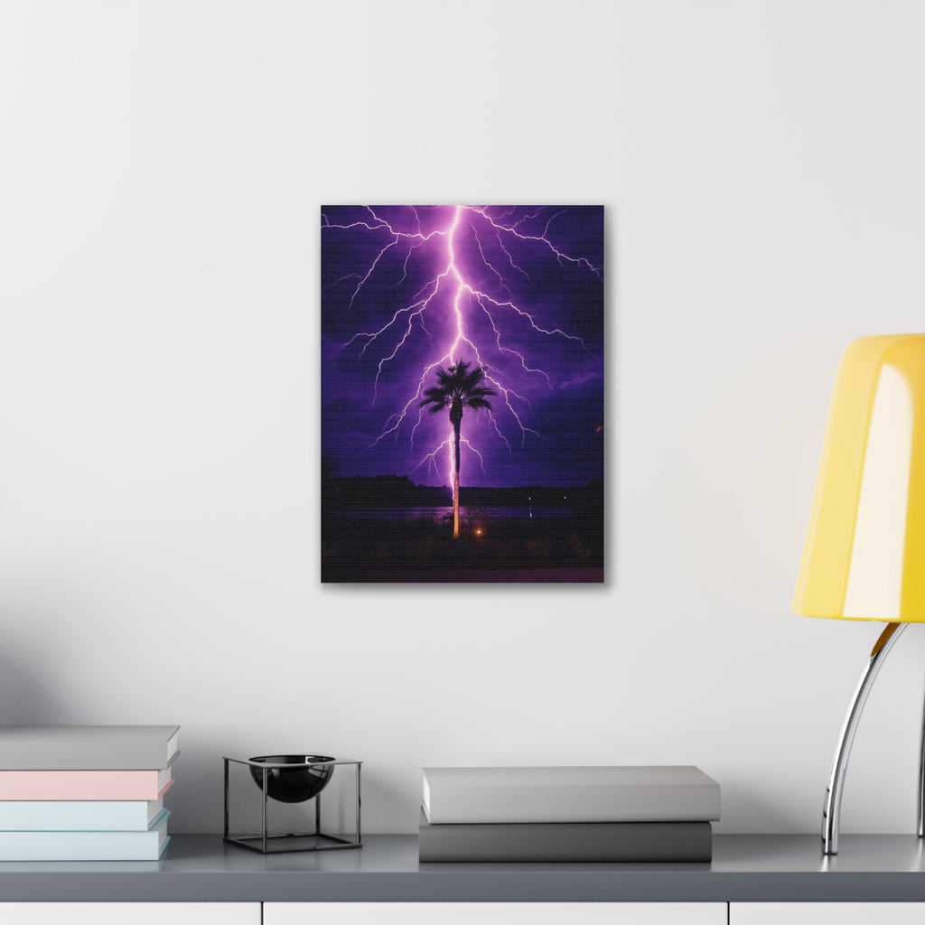 Purple Lightning Palm Tree Canvas Wall Art — Storm Photography Stretched Canvas