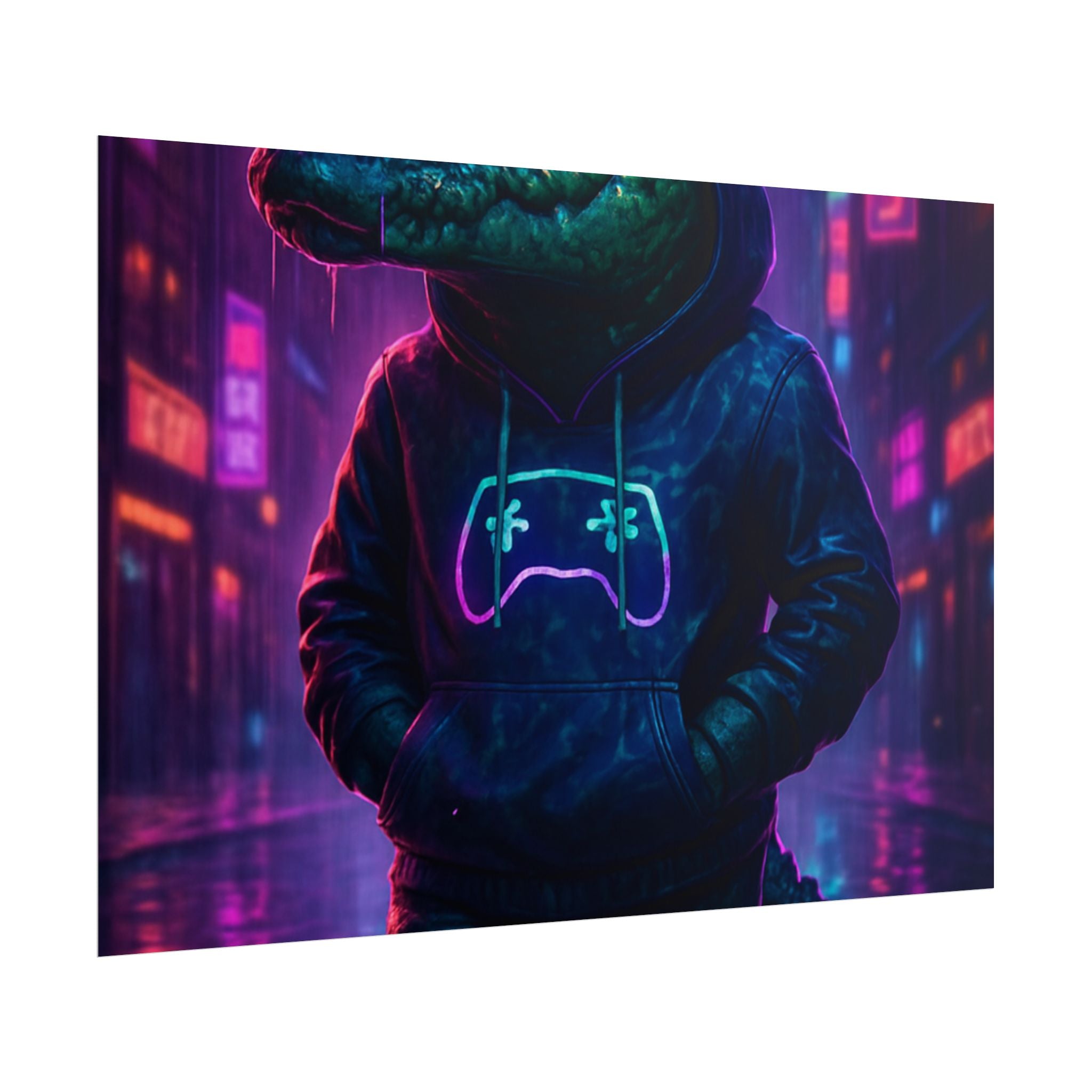 Rolled Posters - Florida Man Gaming Alligator Neon Gamer Hoodie Poster Print