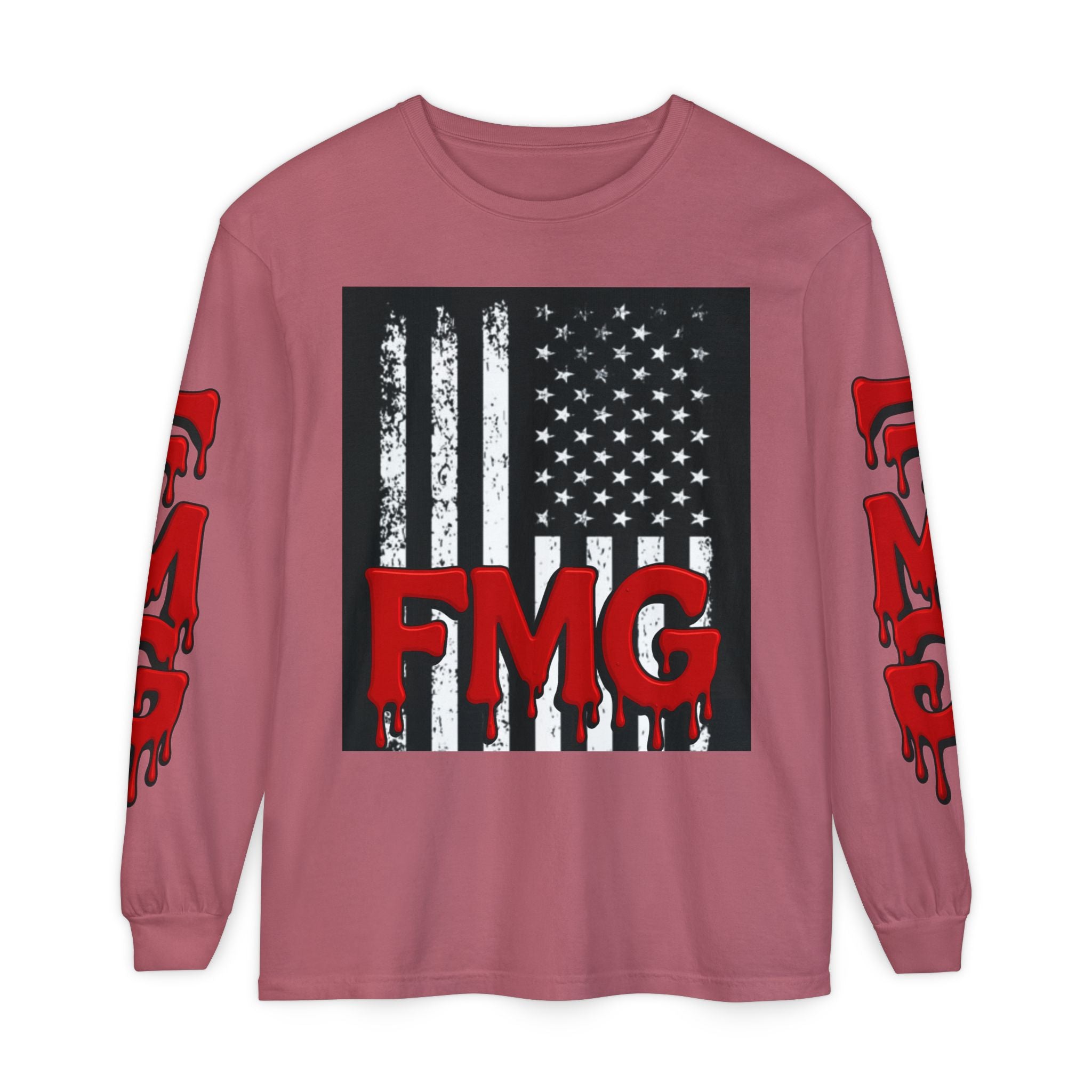 Long Sleeve T-Shirt — Distressed American Flag with Dripping "FMG" Sleeves